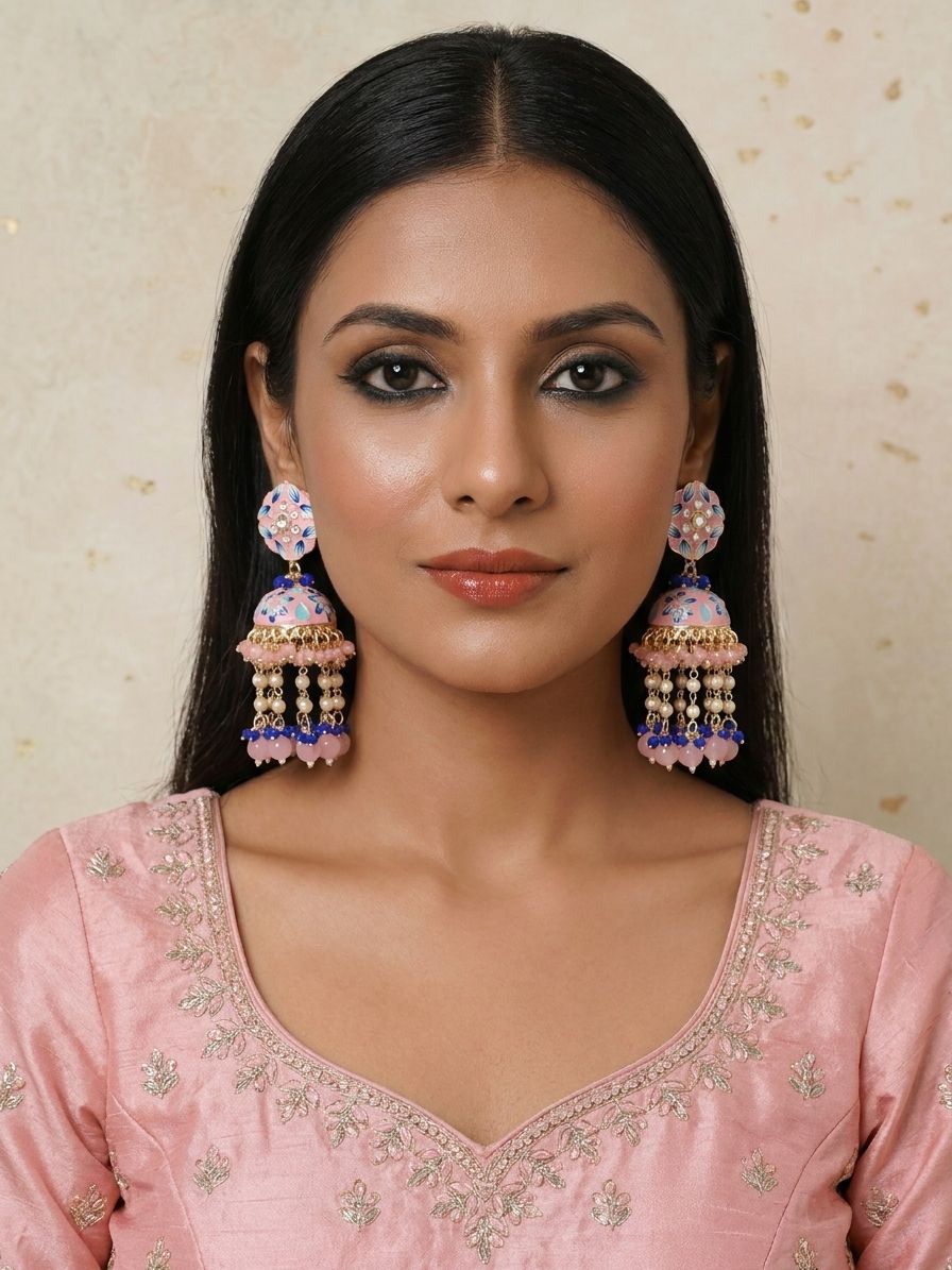 Floral Meenakari Jhumka Earrings with Pearl Beads – Pink & Sky Blue Party Wear