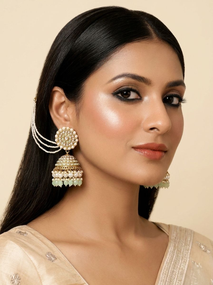 Kundan Studded Statement Jhumka With Ear Chain – Pink Green Party Wear Earrings