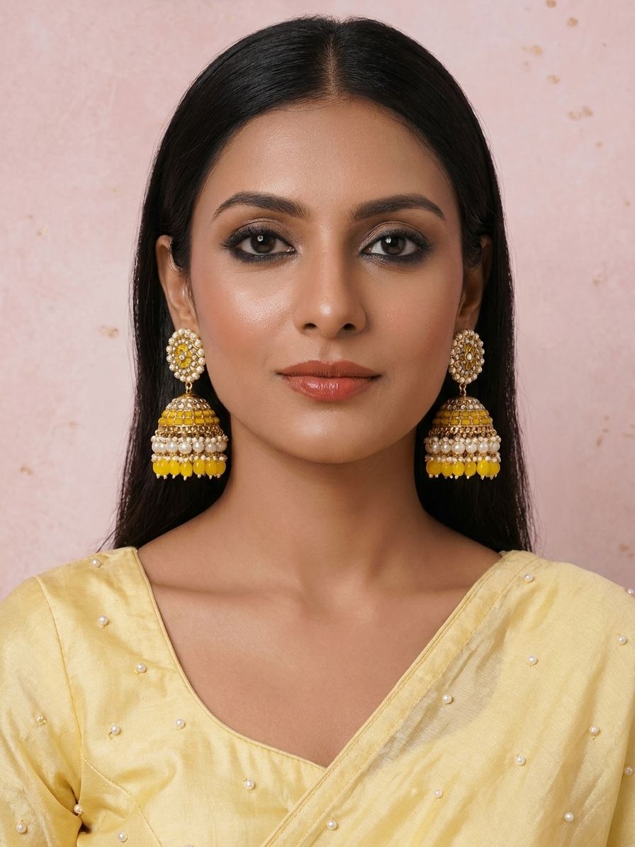 Yellow Kundan Pearl Heavy Jhumka With Ear Chain – Women's Moti Work Earrings
