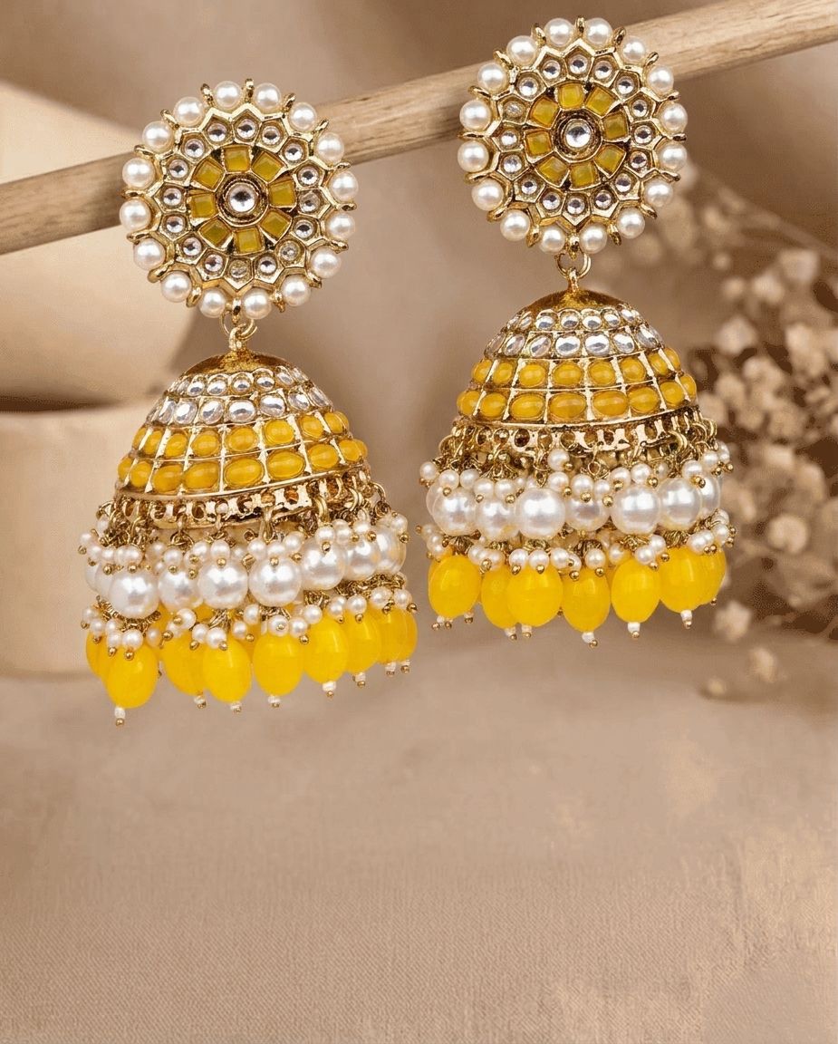 Yellow Kundan Pearl Heavy Jhumka With Ear Chain – Women's Moti Work Earrings