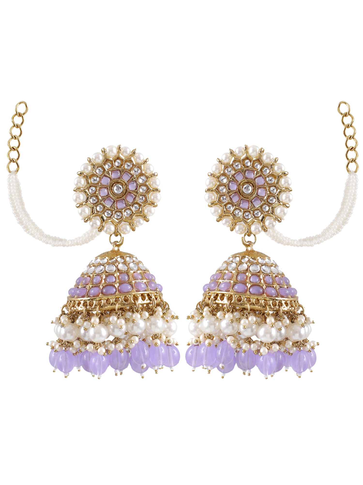 Gold Plated Kundan Lavender Long Jhumka Earrings with Ear Chain
