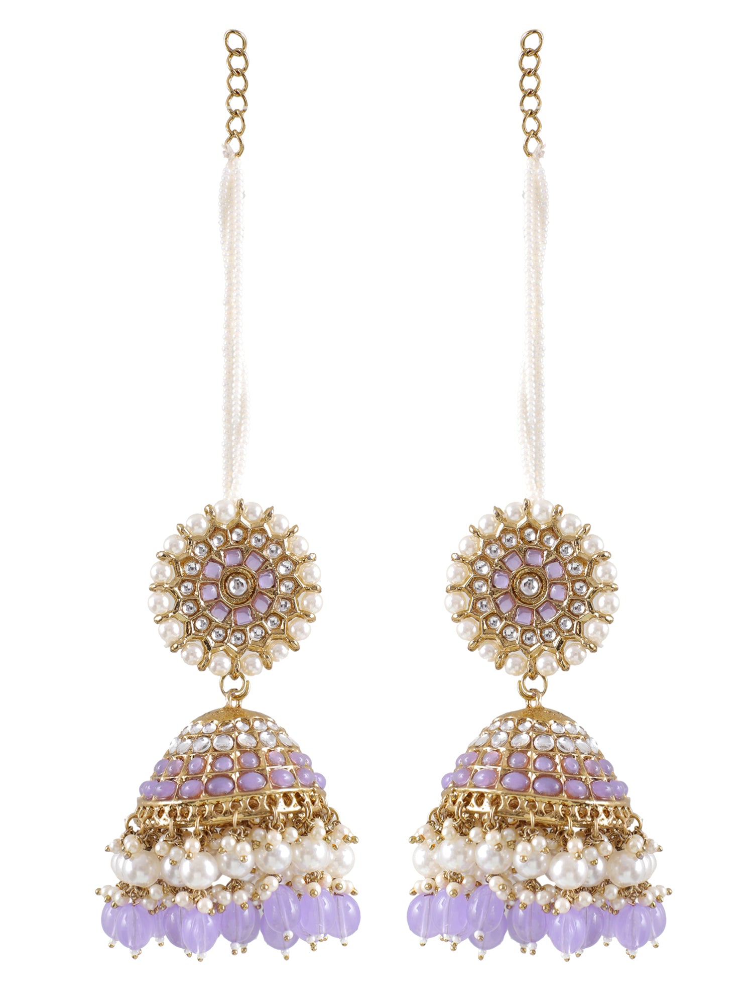 Gold Plated Kundan Lavender Long Jhumka Earrings with Ear Chain