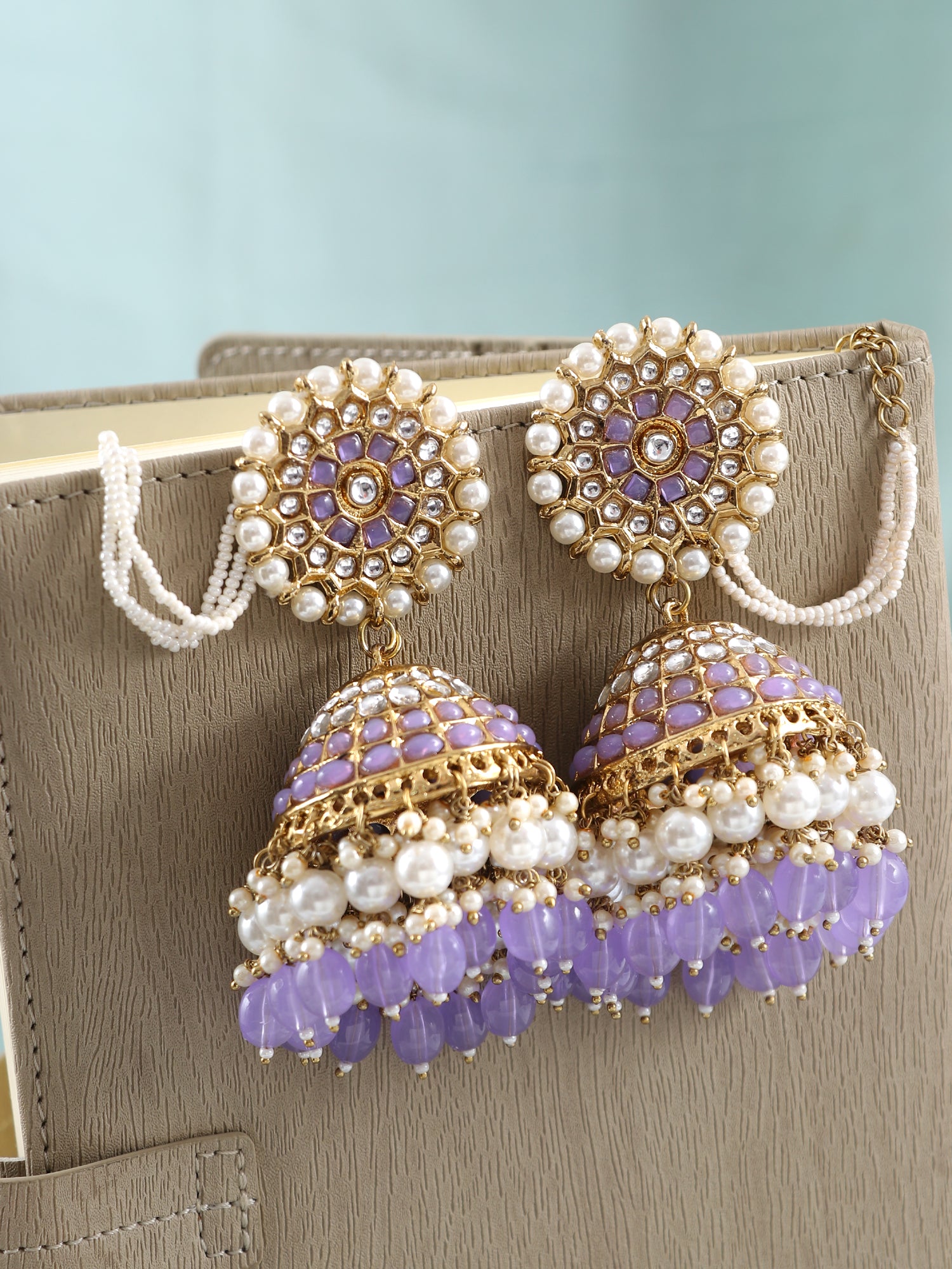 Gold Plated Kundan Lavender Long Jhumka Earrings with Ear Chain