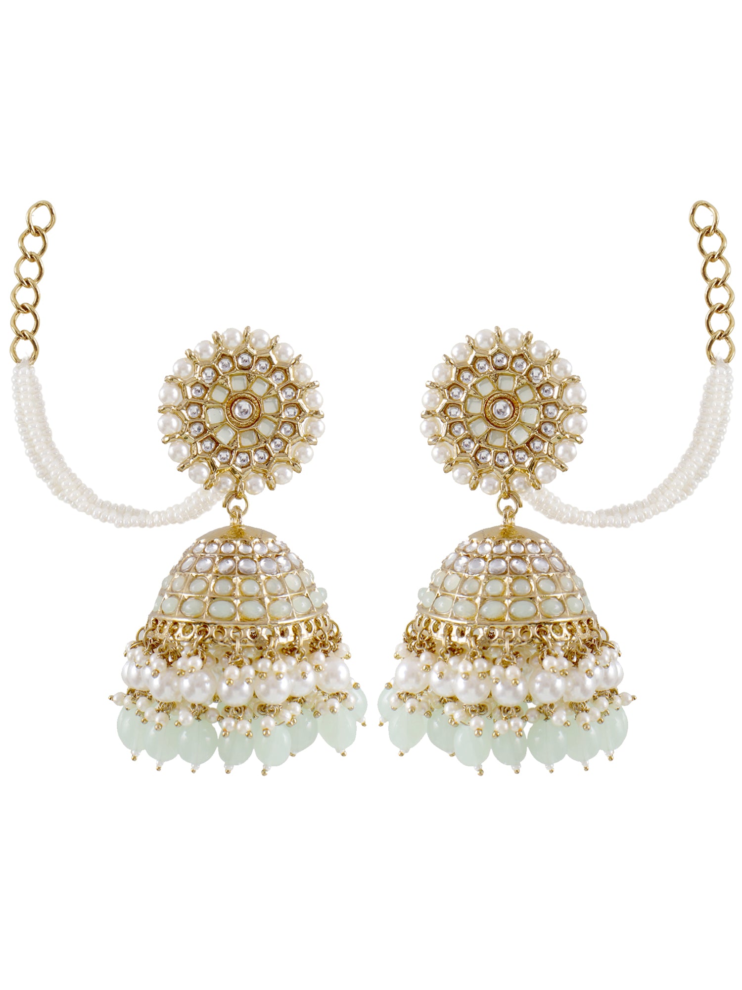 Mint Green Stylish Long Jhumka Earrings with Ear Chain