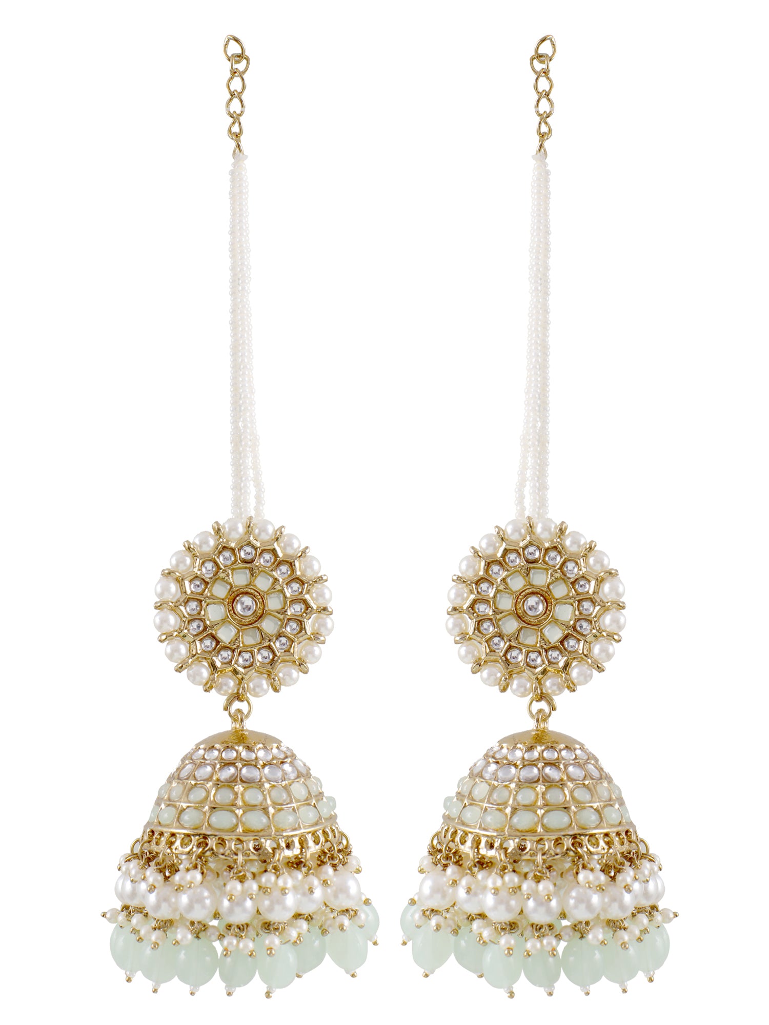 Mint Green Stylish Long Jhumka Earrings with Ear Chain