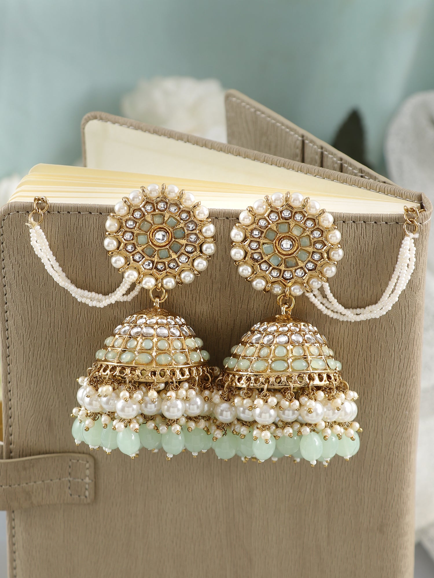 Mint Green Stylish Long Jhumka Earrings with Ear Chain