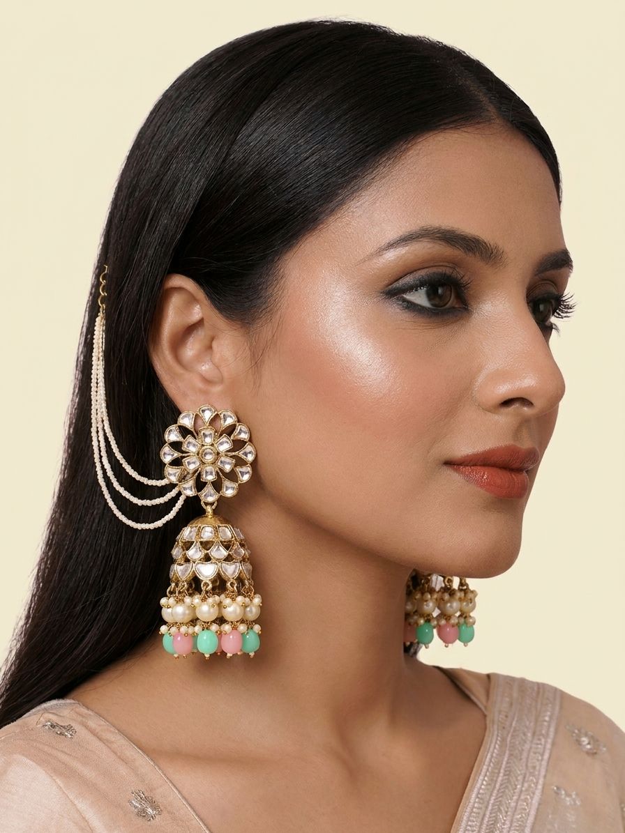 Kundan-Studded Pearl drop Traditional Party Wear Jhumka Earrings for Women