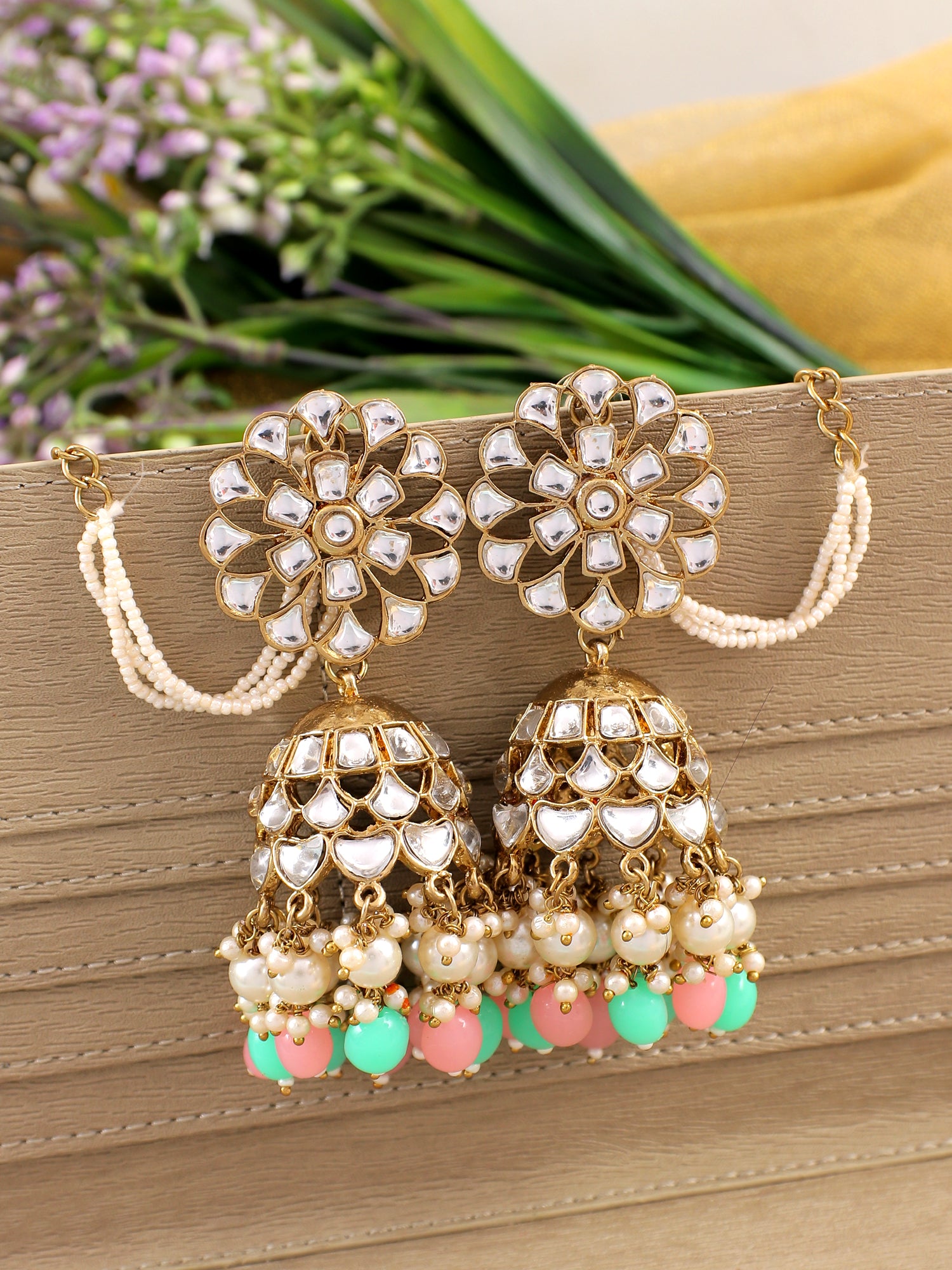 Kundan-Studded Pearl drop Traditional Party Wear Jhumka Earrings for Women