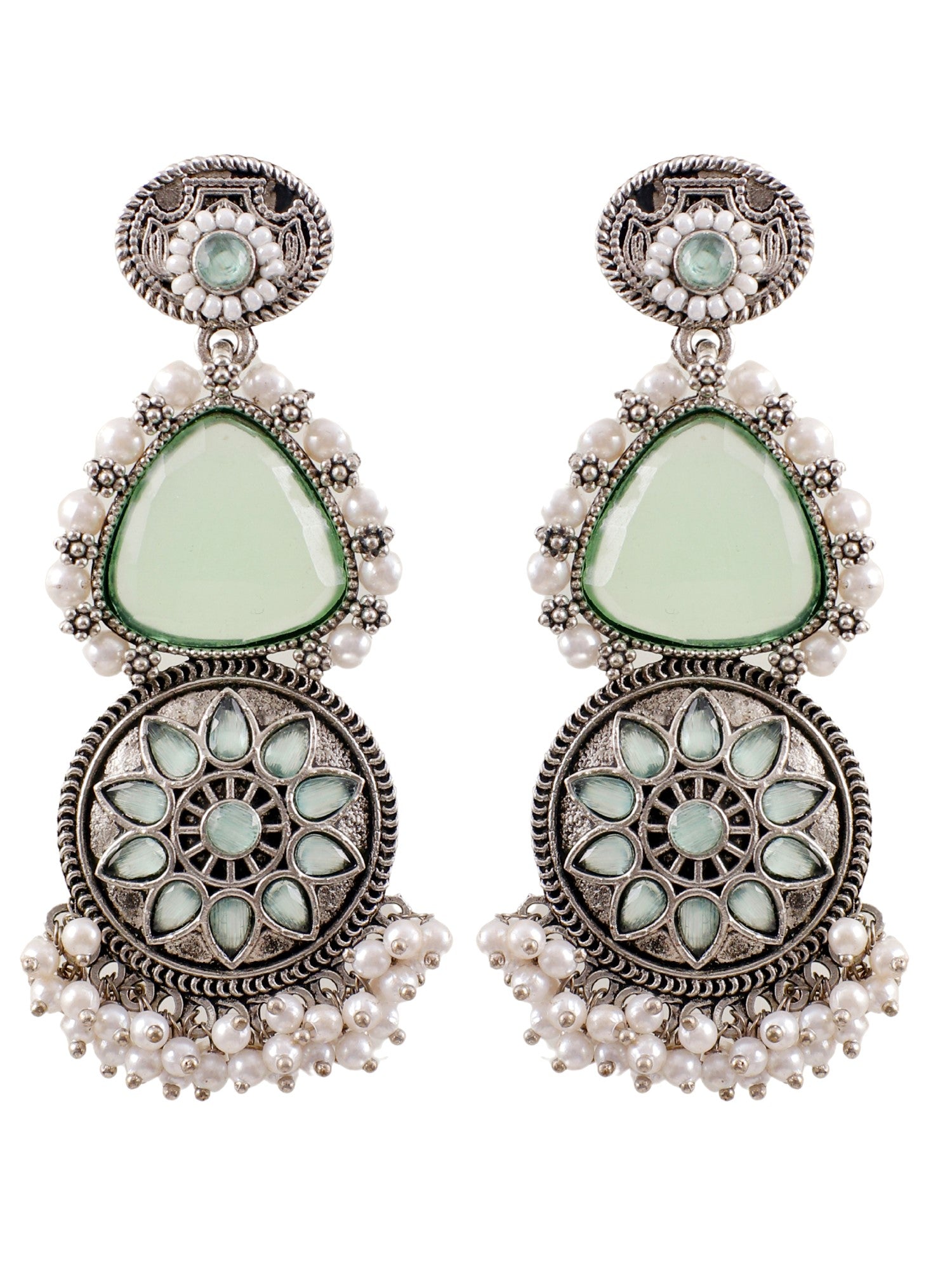 Pink Stone Studded Oxidised Silver Earrings for Girls