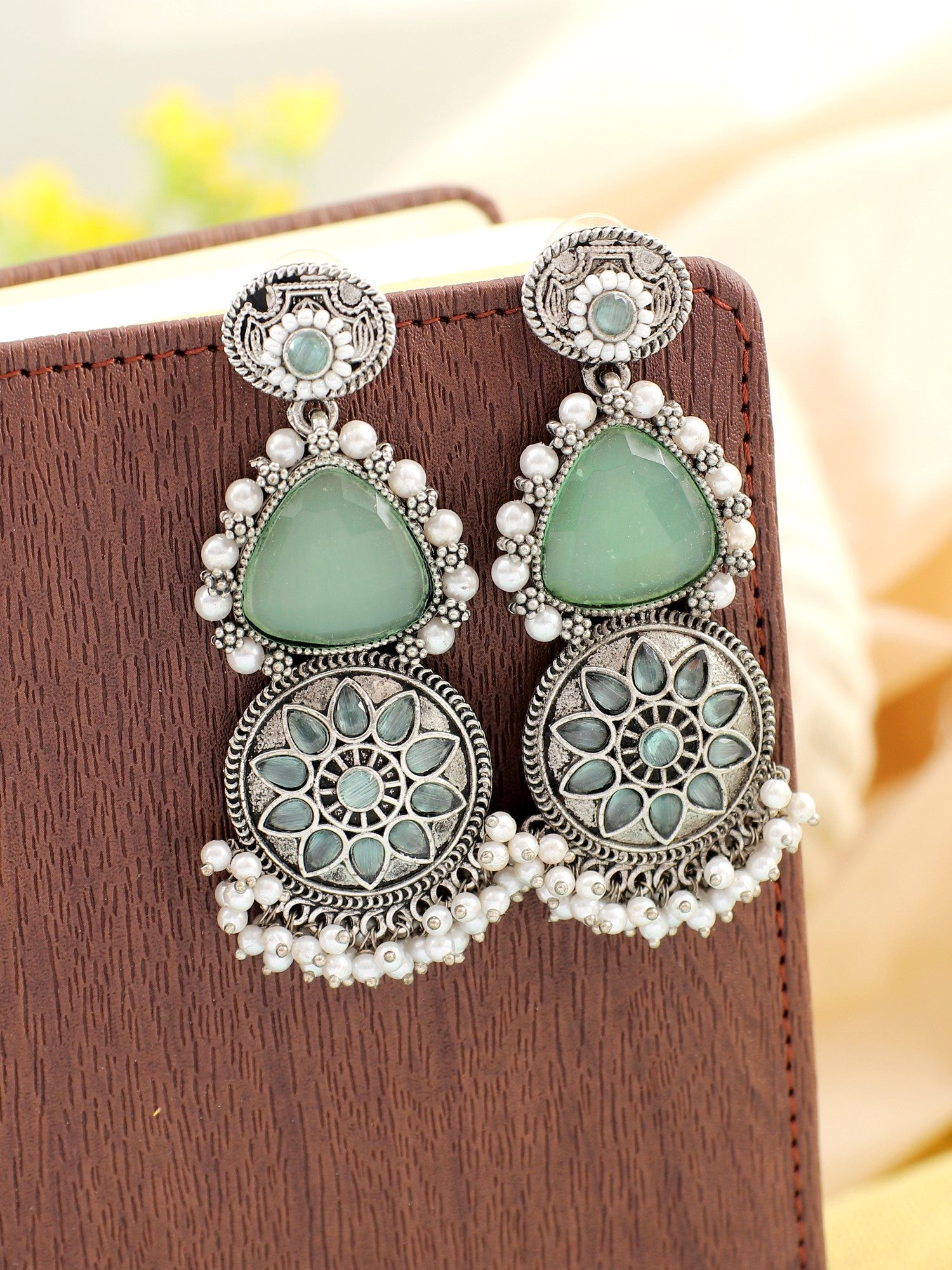 Pink Stone Studded Oxidised Silver Earrings for Girls