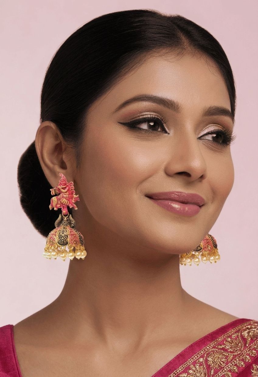 Antique Pink Krishna Jhumka Earrings with Meenakari Detailing for Women