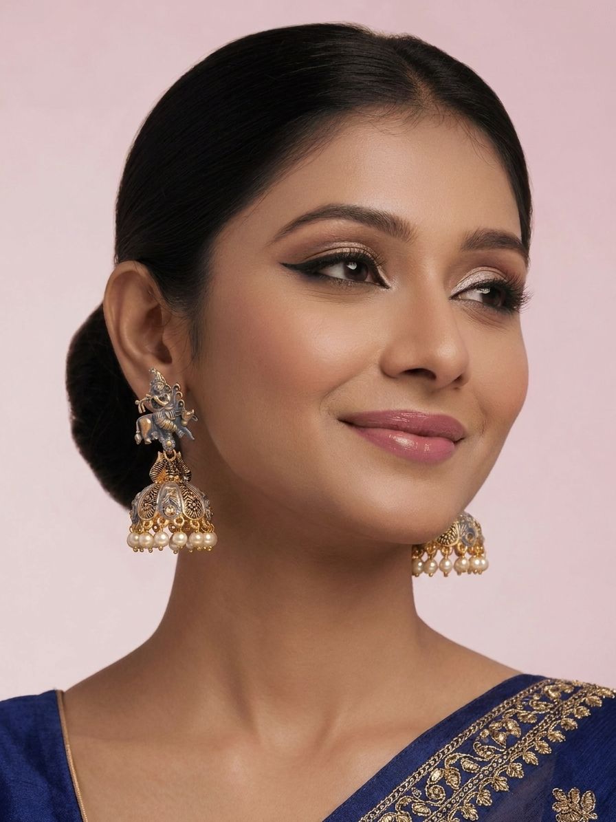 Krishna Antique Grey Jhumka Earrings with Pink Meenakari Gold Plating