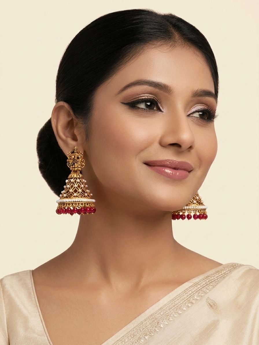 Mata Laxmi Magenta Jhumka Earrings with Matte Finish Temple Jewellery