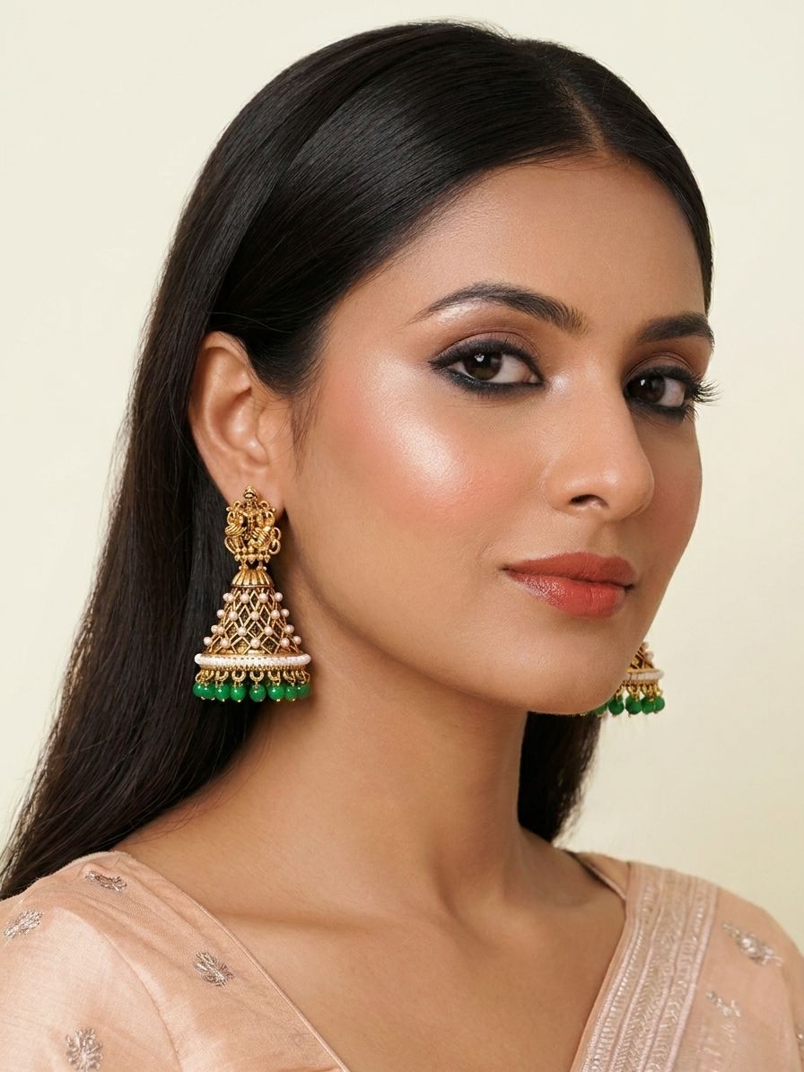 Mata Laxmi Green Jhumka Earrings Matte Finish Antique Temple Jewelry