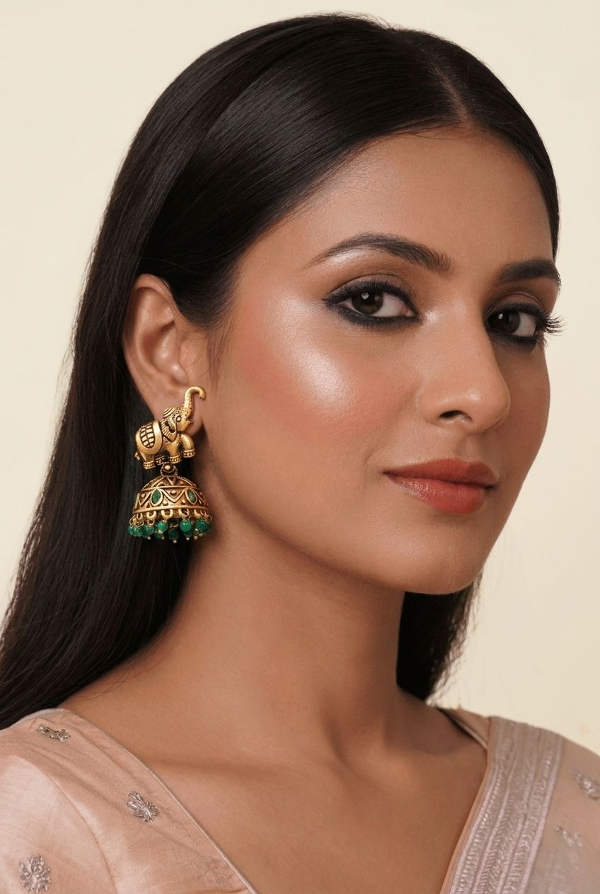 Gold Plated Green Elephant Jhumki Earrings for Women – Antique Ethnic Style