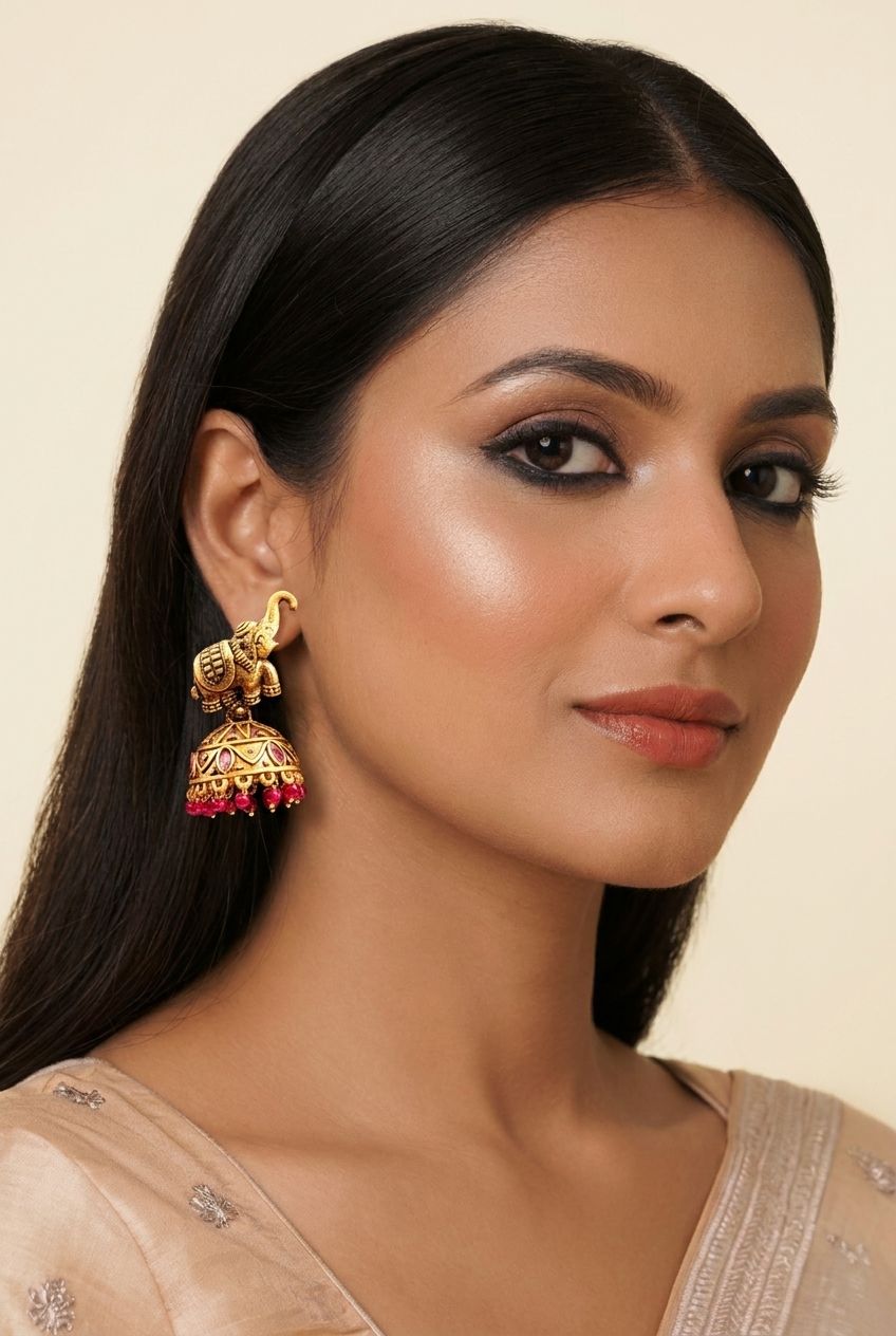Elephant Magenta Jhumka Earrings Gold Plated Ethnic Jewelry for Women