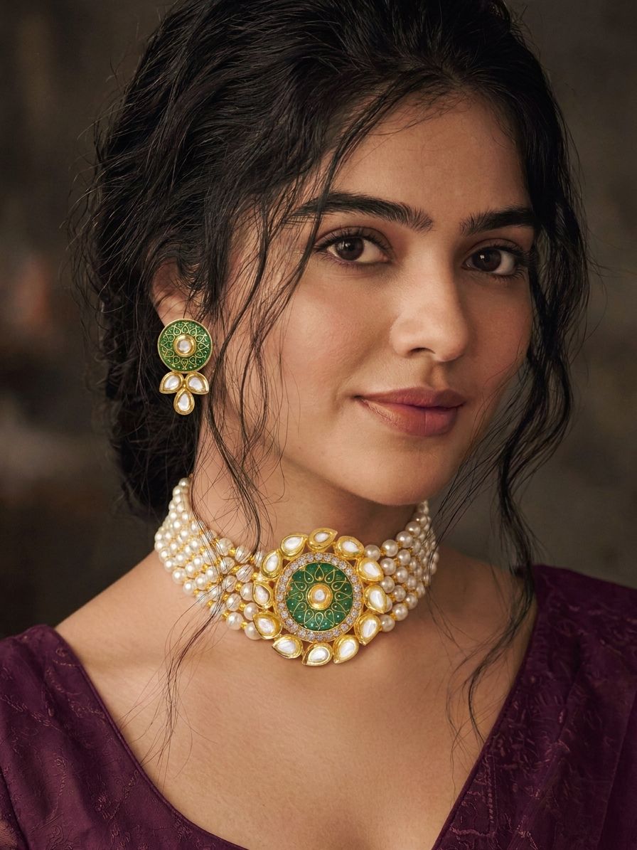 Green Meenakari Kundan & Pearl Party Wear Choker Necklace Set for Women