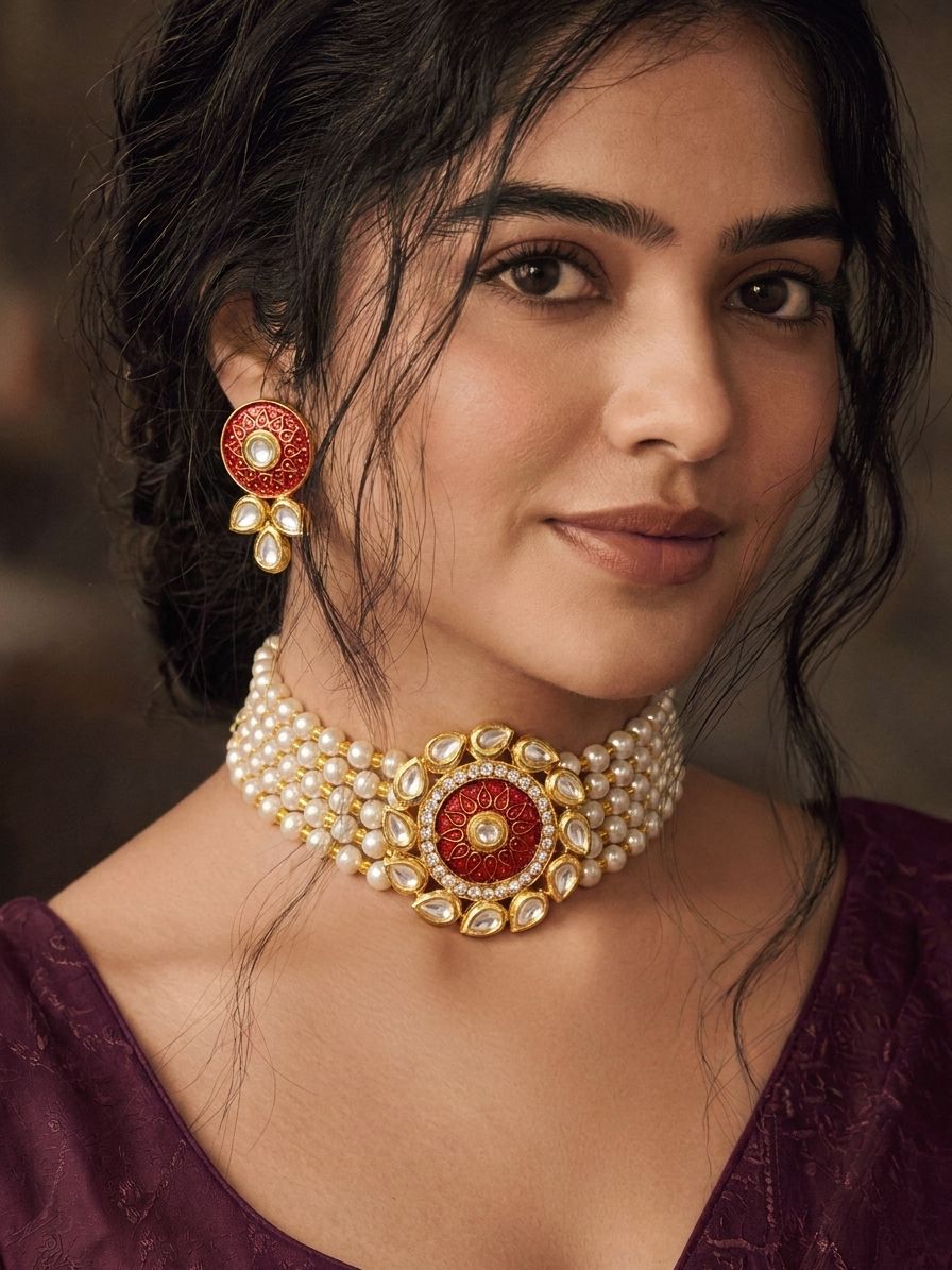 Red Kundan & Pearl  Choker Necklace & Earring Set for Wedding Parties
