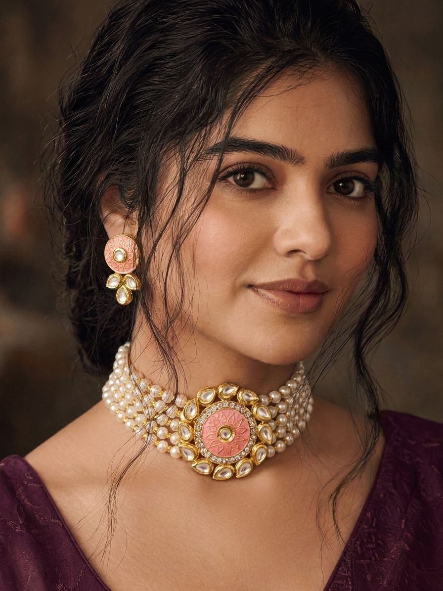 Peach Meenakari Kundan & Pearl Choker Necklace Set for Women