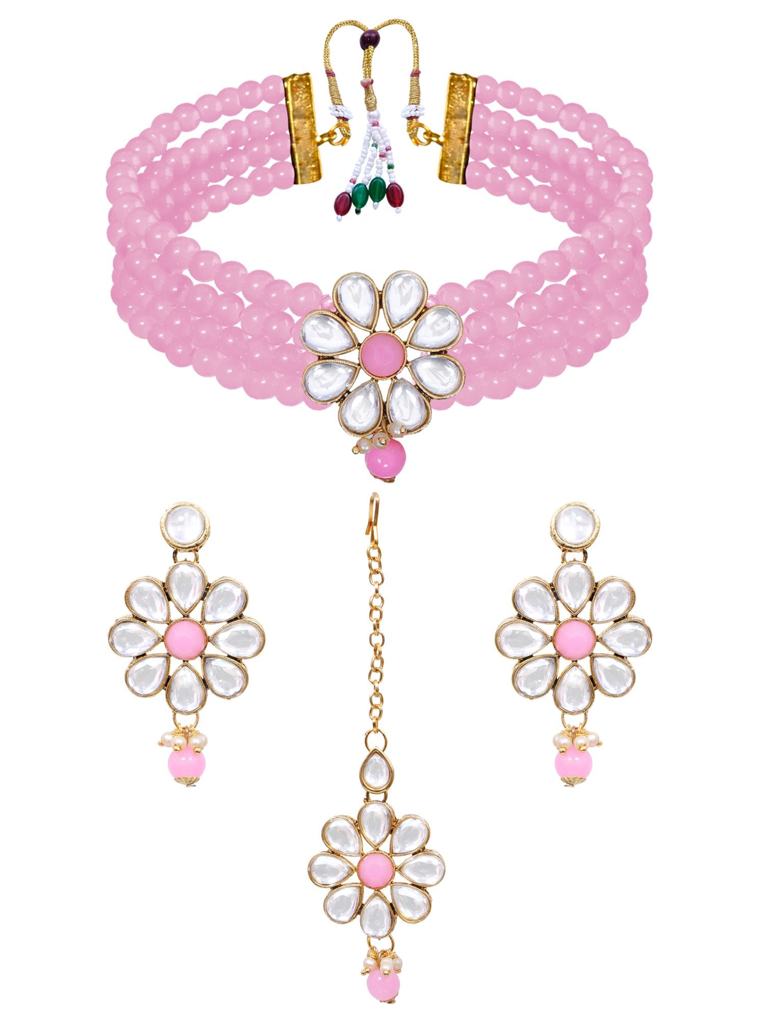 Gold plated bridal crystal choker necklace set with ball drops design and matching earrings and tika, ideal for various occasions like weddings, parties, in baby pink color.