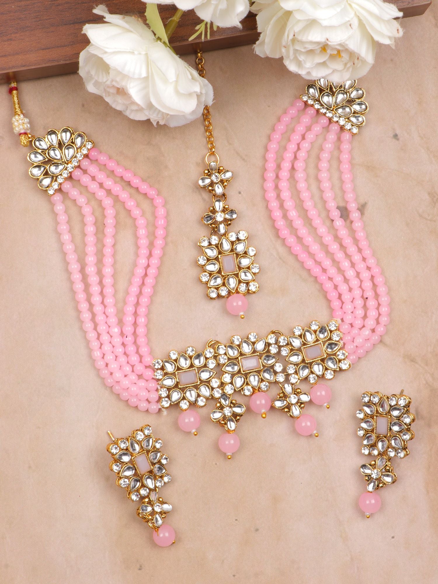 faux Kundan Gold-Plated Baby Pink Pearl Choker Necklace Set with earrings and Tikka
