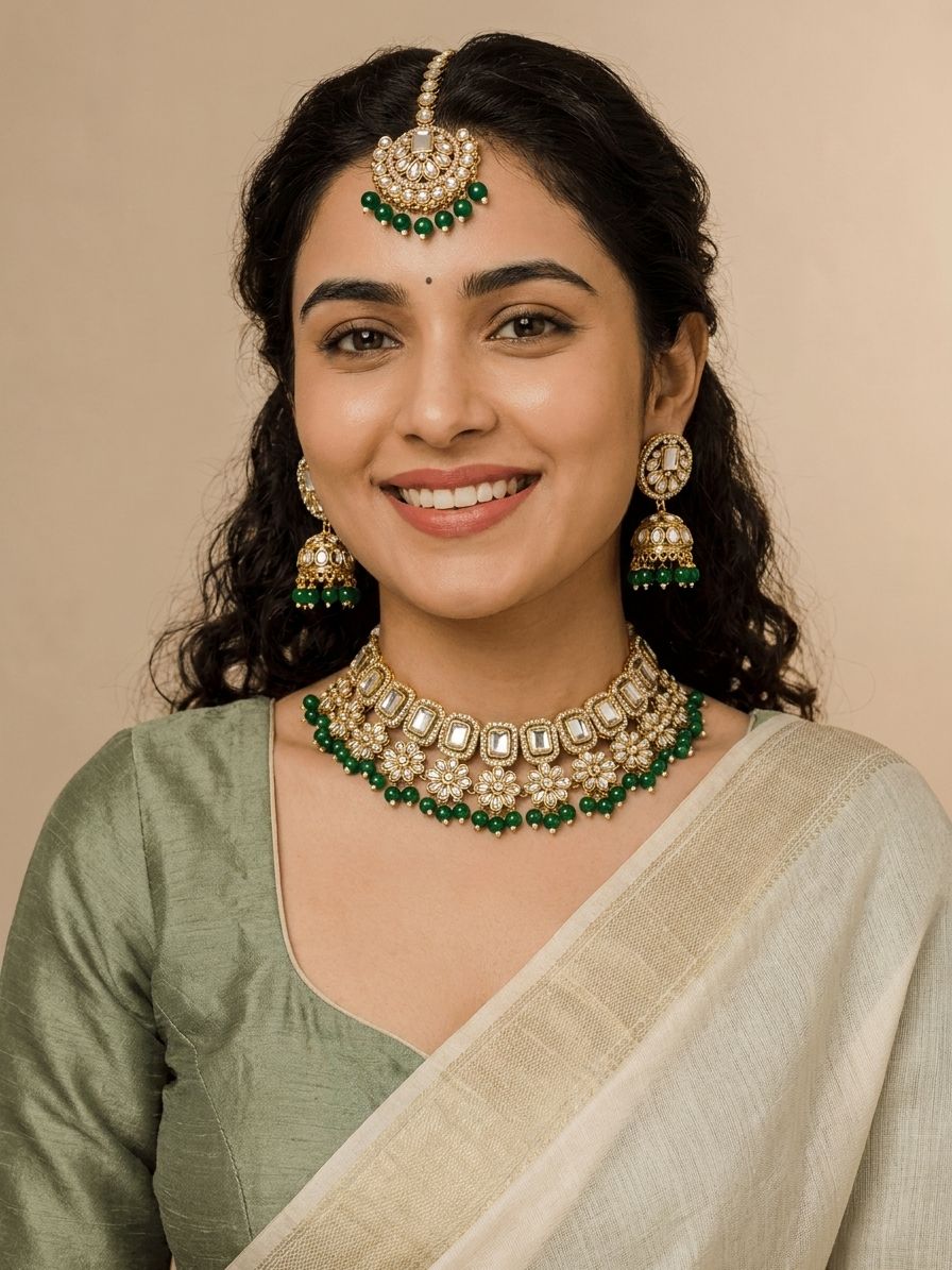 Maroon & Green Kundan Studded Pearl Choker Necklace Set for Women
