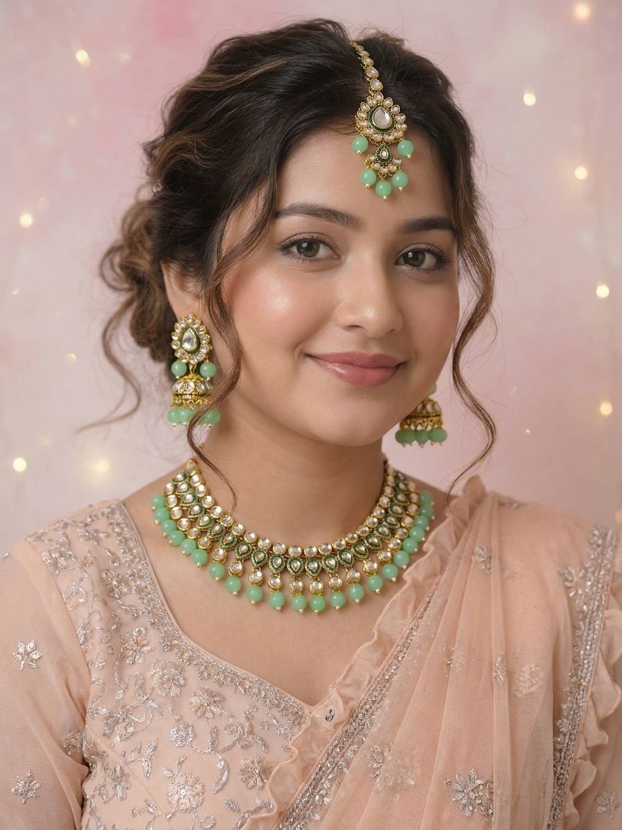 Kundan Delight Sea Green Gold-Plated Pearl & Crystal Choker Bridal