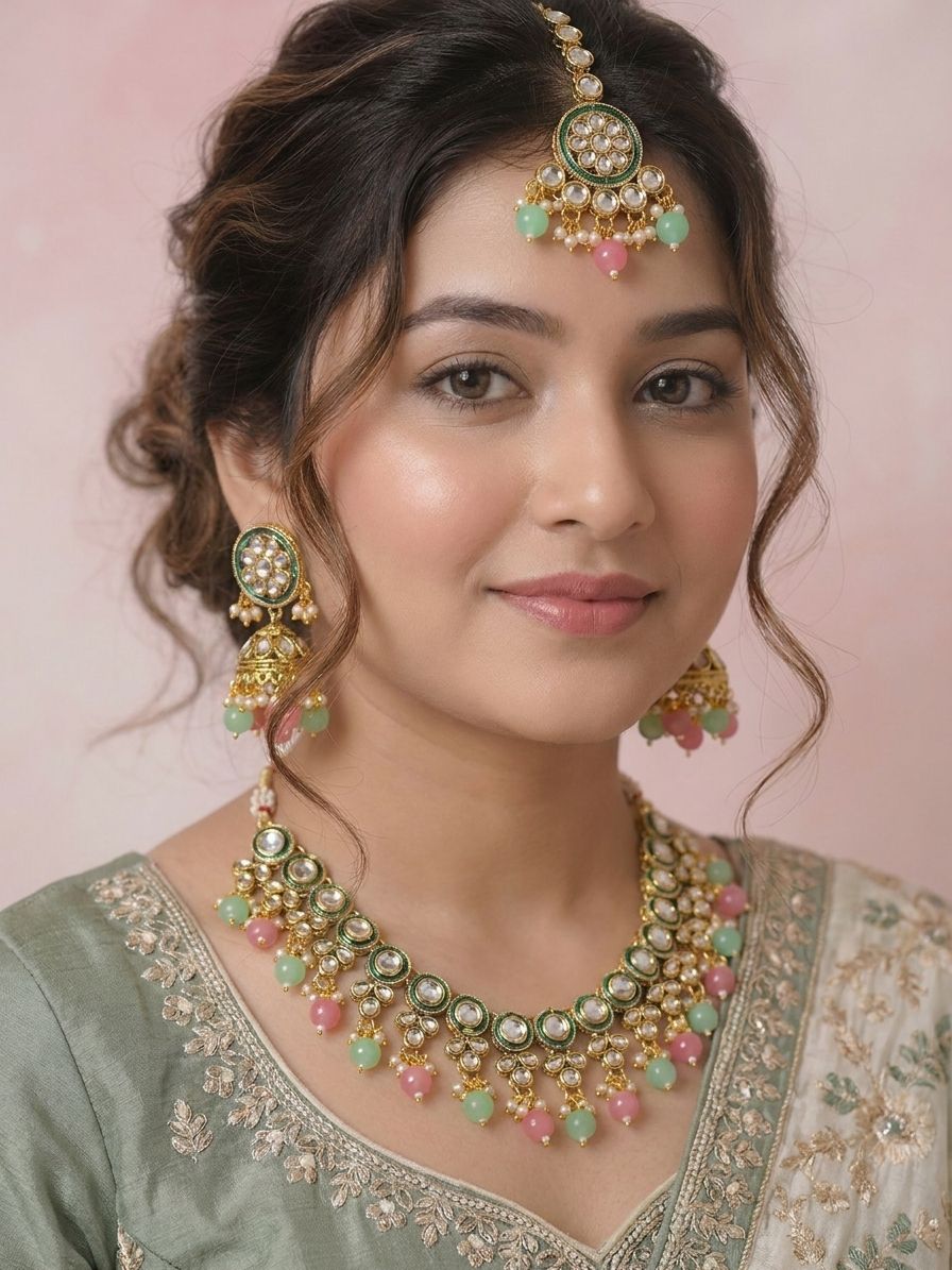 Gold-Plated Kundan Crystal Pearl Necklace Set for Wedding