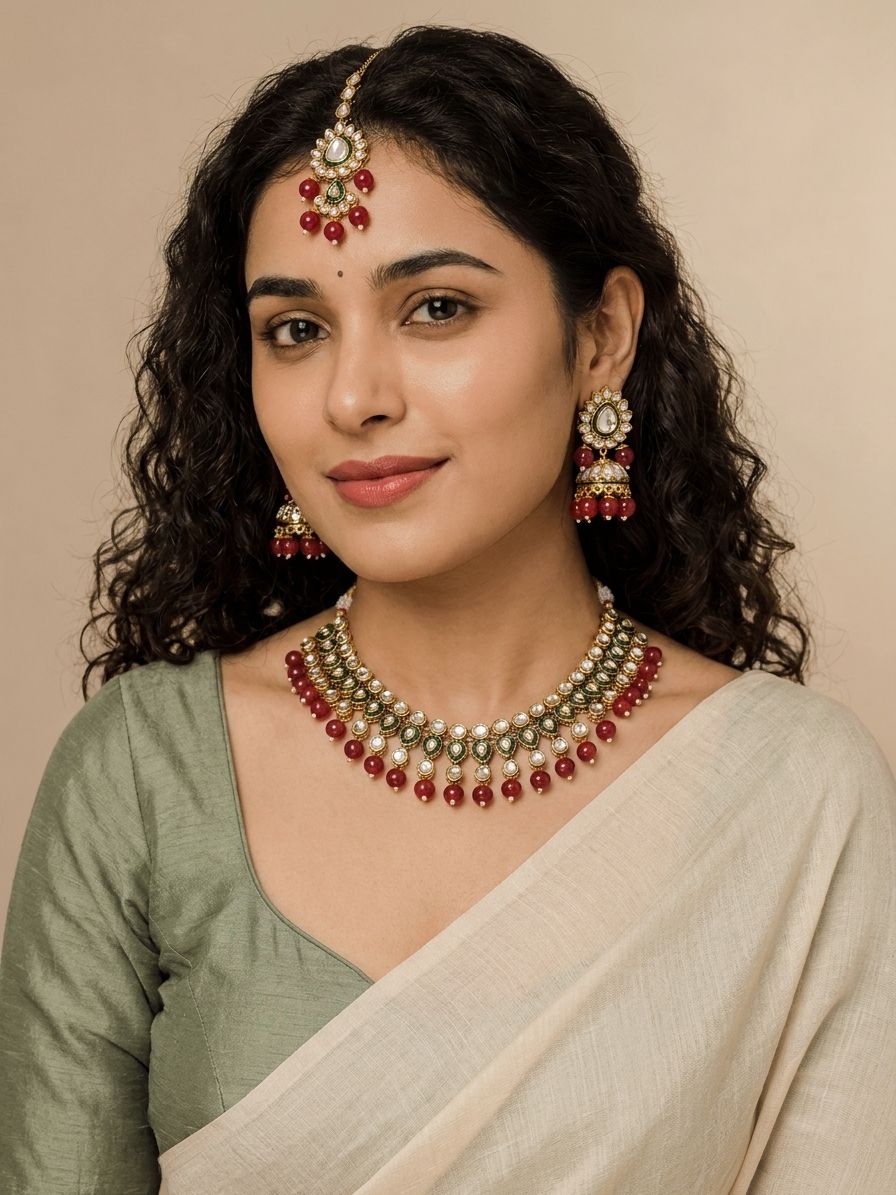 Beautifully Unique Green Meenakari Ethnic | Kundan Necklace Set for Weddings