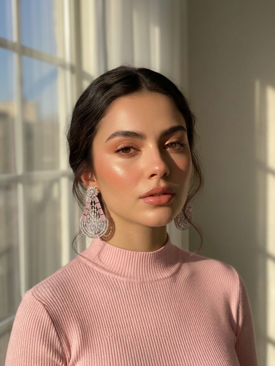 Oval Pink American Diamond Earrings for Women – Party Wear AD Dangler Design