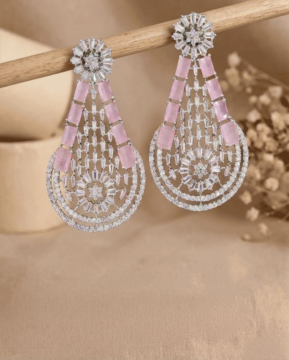 Oval Pink American Diamond Earrings for Women – Party Wear AD Dangler Design