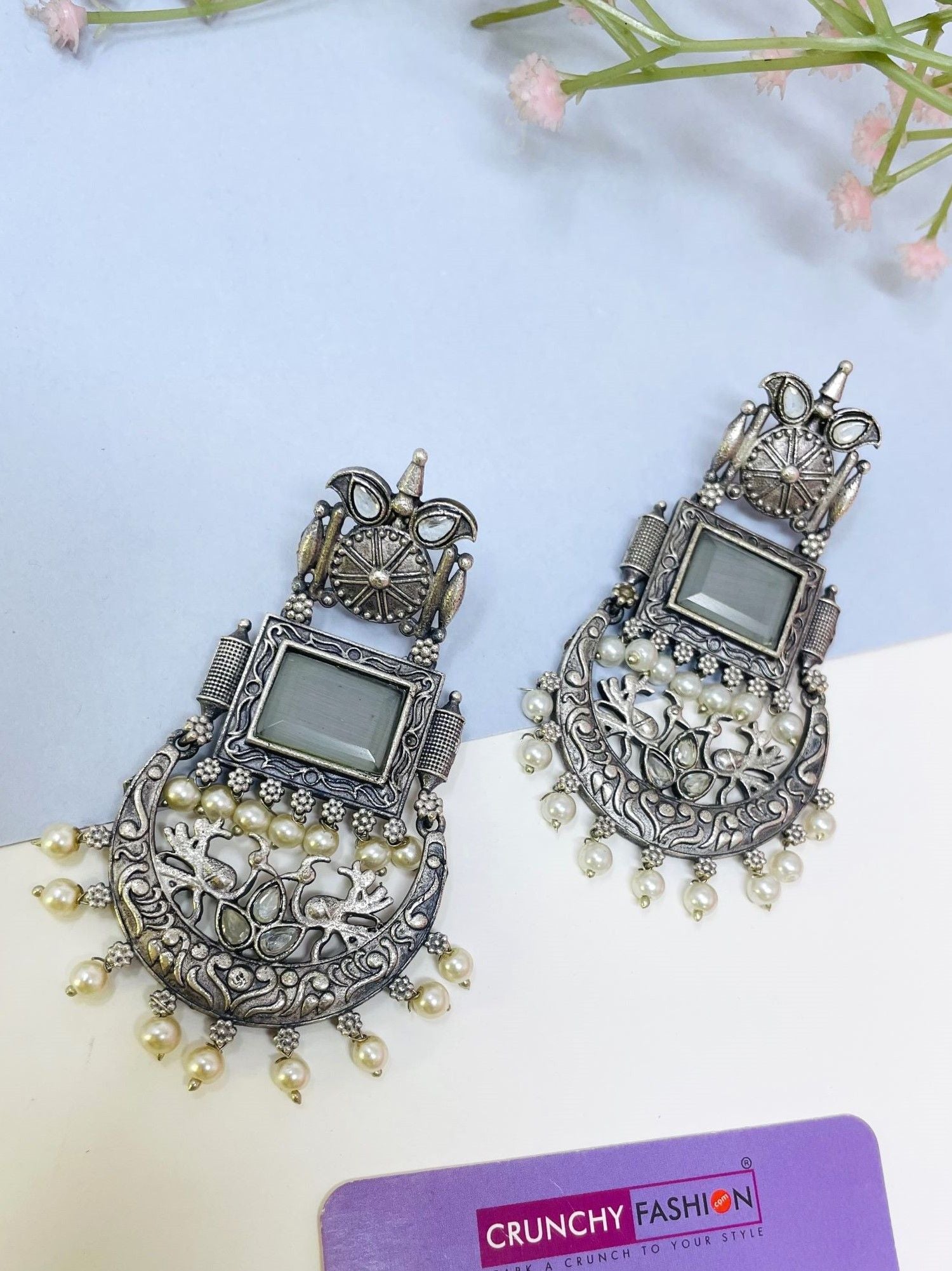 Grey oxidised silver drop earrings, ideal for girls and women at festival, party, wedding, and religious occasions, with a 9.0cm length and 3.5 width design. Traditional yet ethnic oxidized set in a push back fashion.