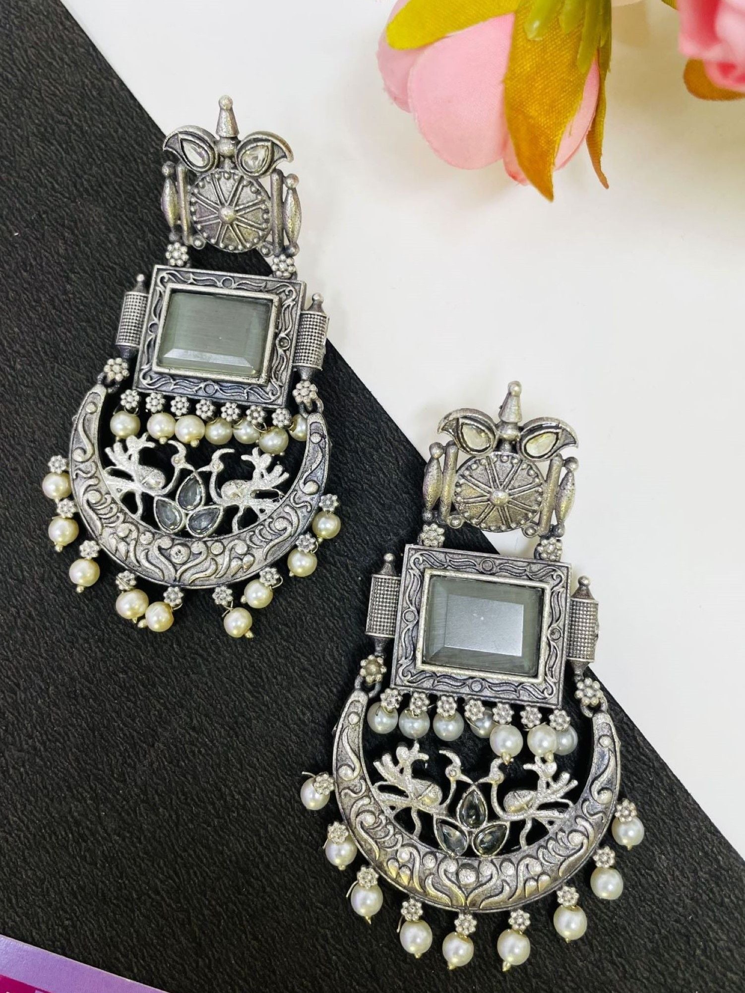 Grey oxidised silver drop earrings, ideal for girls and women at festival, party, wedding, and religious occasions, with a 9.0cm length and 3.5 width design. Traditional yet ethnic oxidized set in a push back fashion.