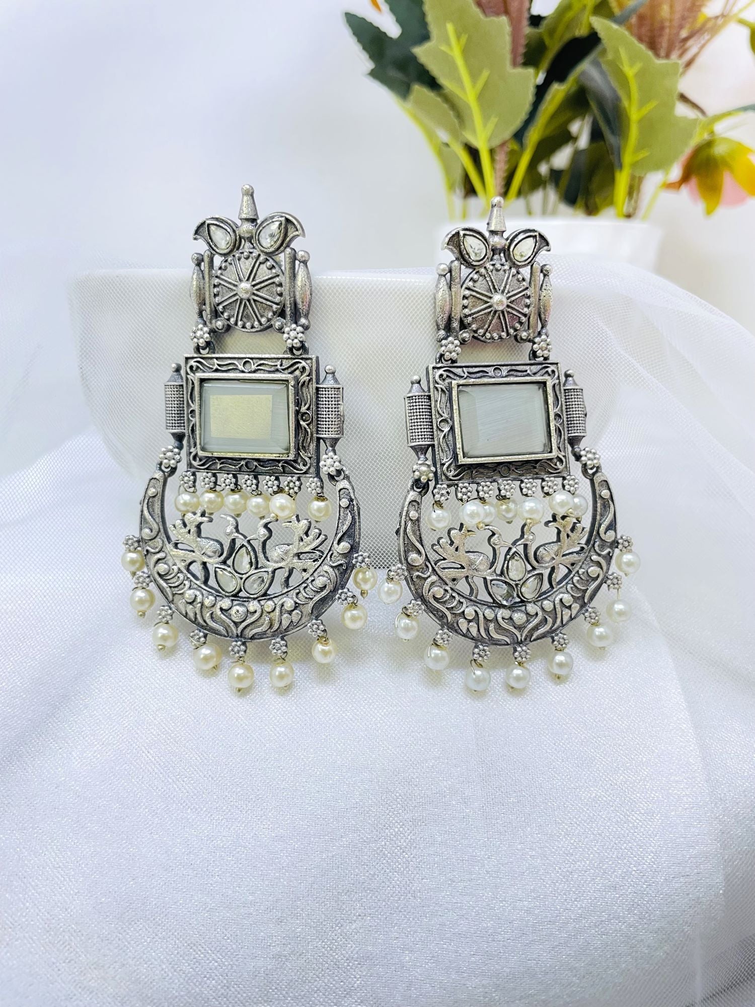 Grey oxidised silver drop earrings, ideal for girls and women at festival, party, wedding, and religious occasions, with a 9.0cm length and 3.5 width design. Traditional yet ethnic oxidized set in a push back fashion.