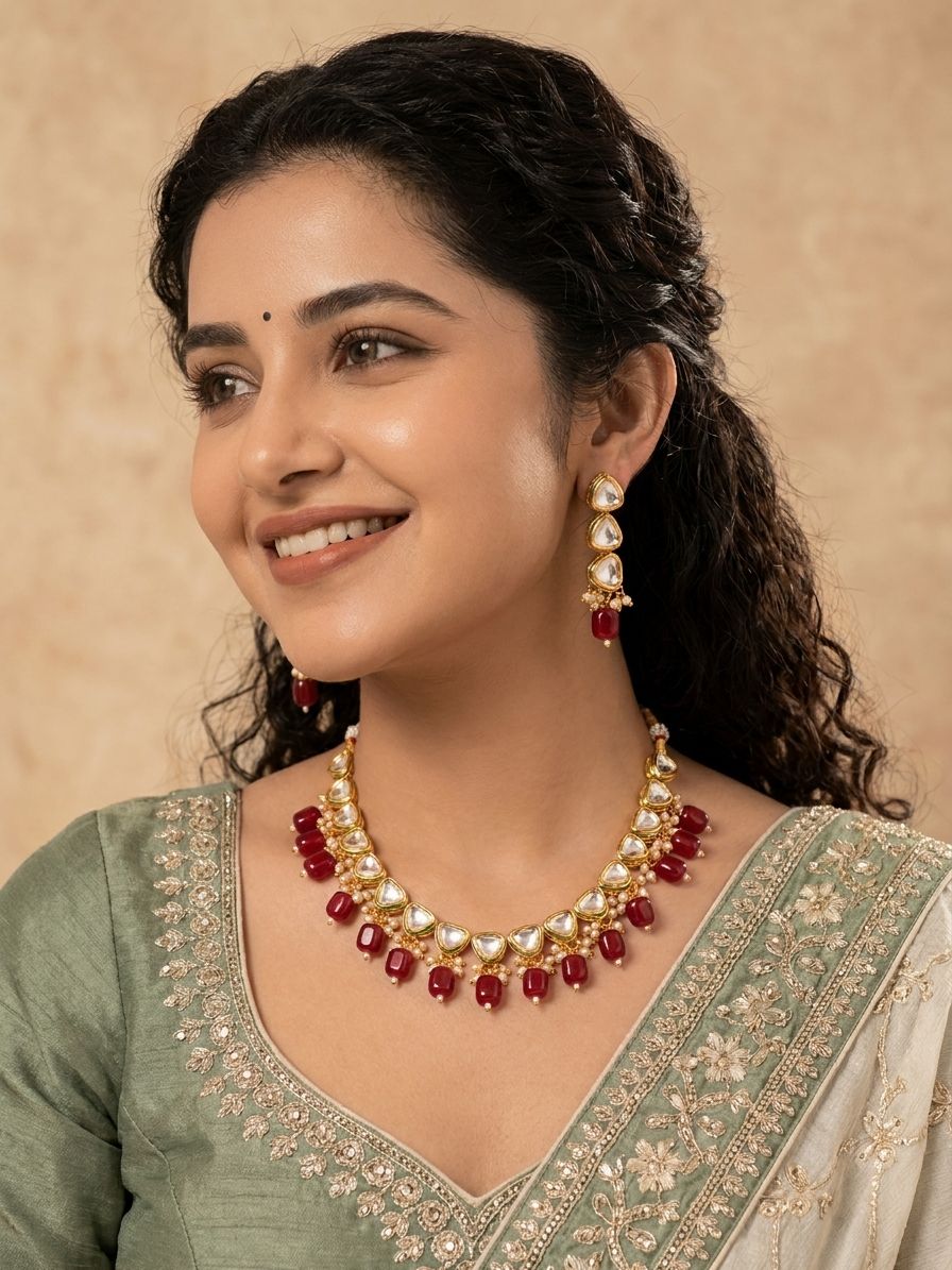 Fashionable & Unique Gold Plated Pearl Kundan Alloy Necklace Set