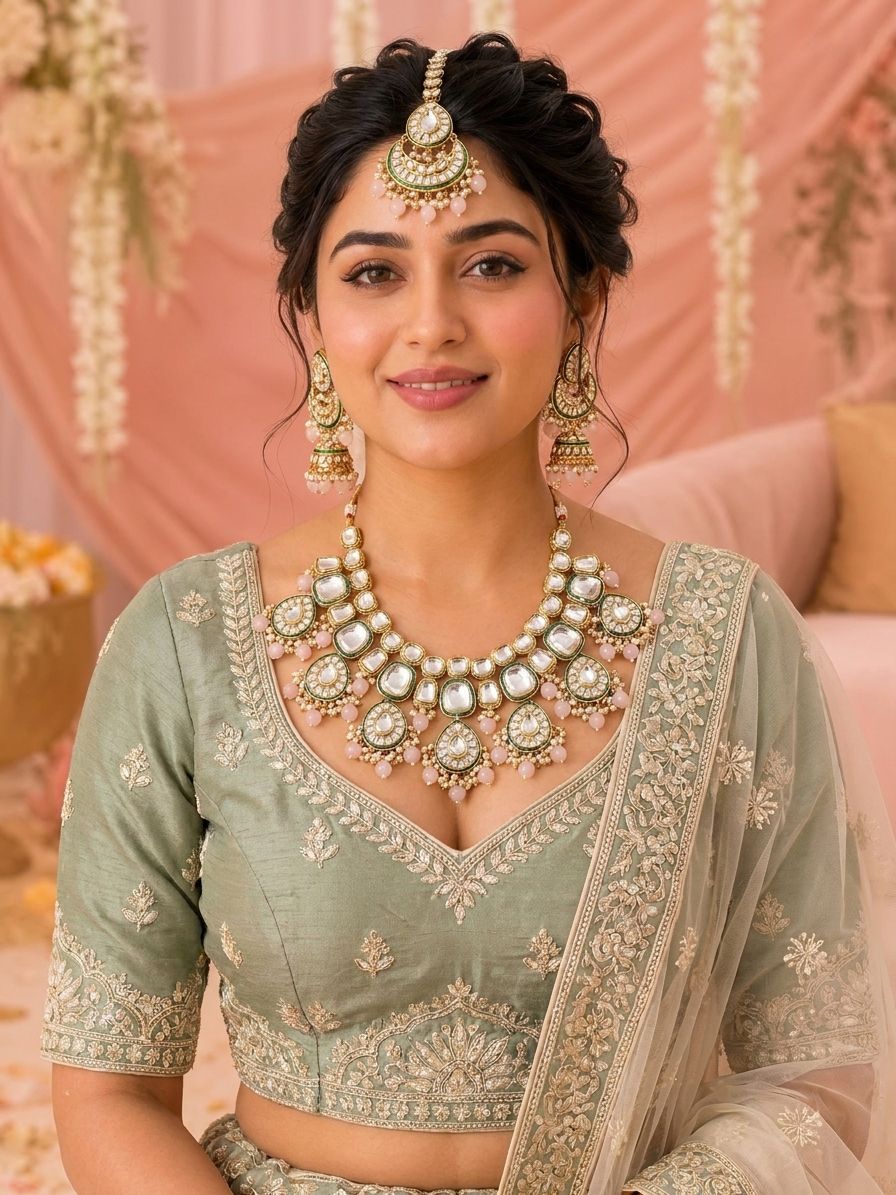 Pink Statement Party Wear Kundan Jewellery Set for Women & Girls