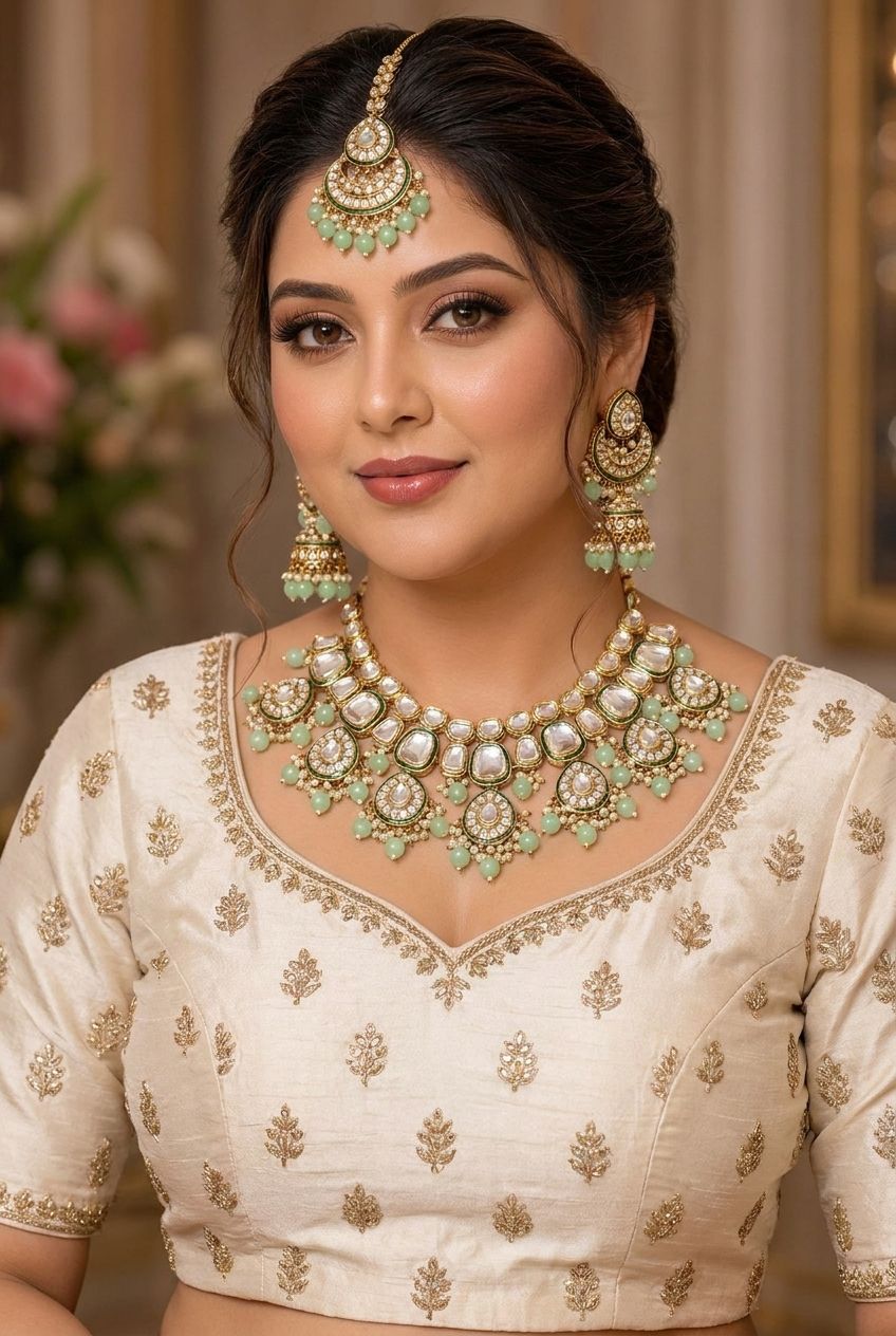 Stylish Mint Green Kundan Necklace Set for Partywear & Wedding