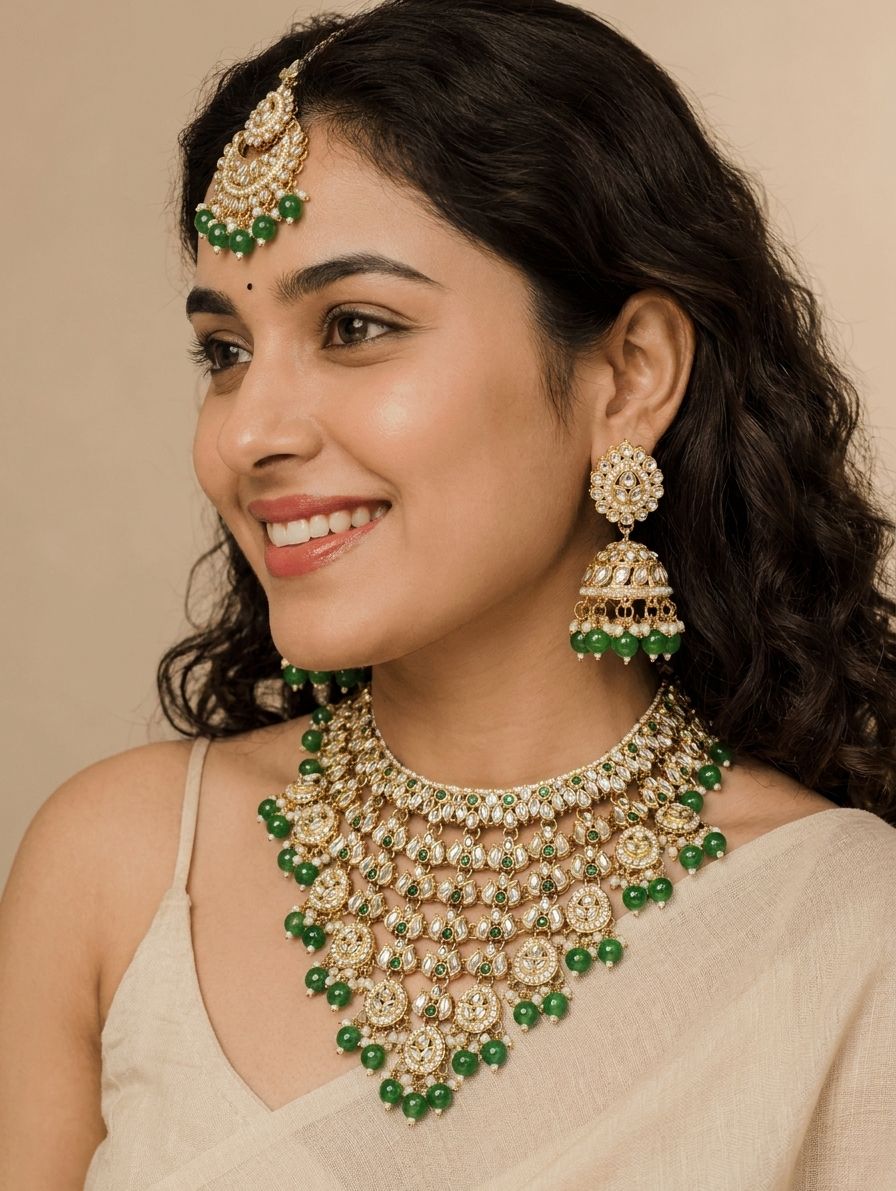 Green Pearls Party Wear Kundan Wedding Jewellery Set | Necklace Set for Women