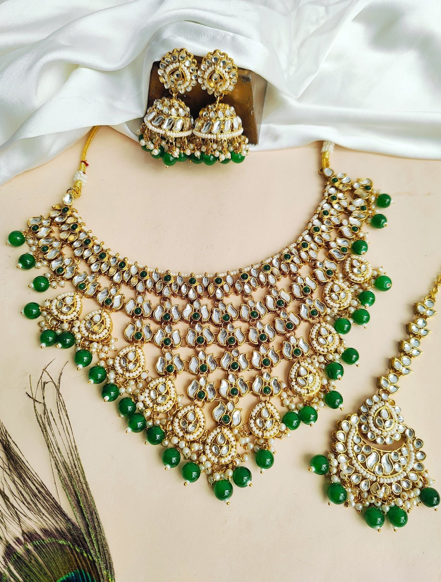 Green Party Wear Kundan Wedding Jewellery Set Necklace Set for