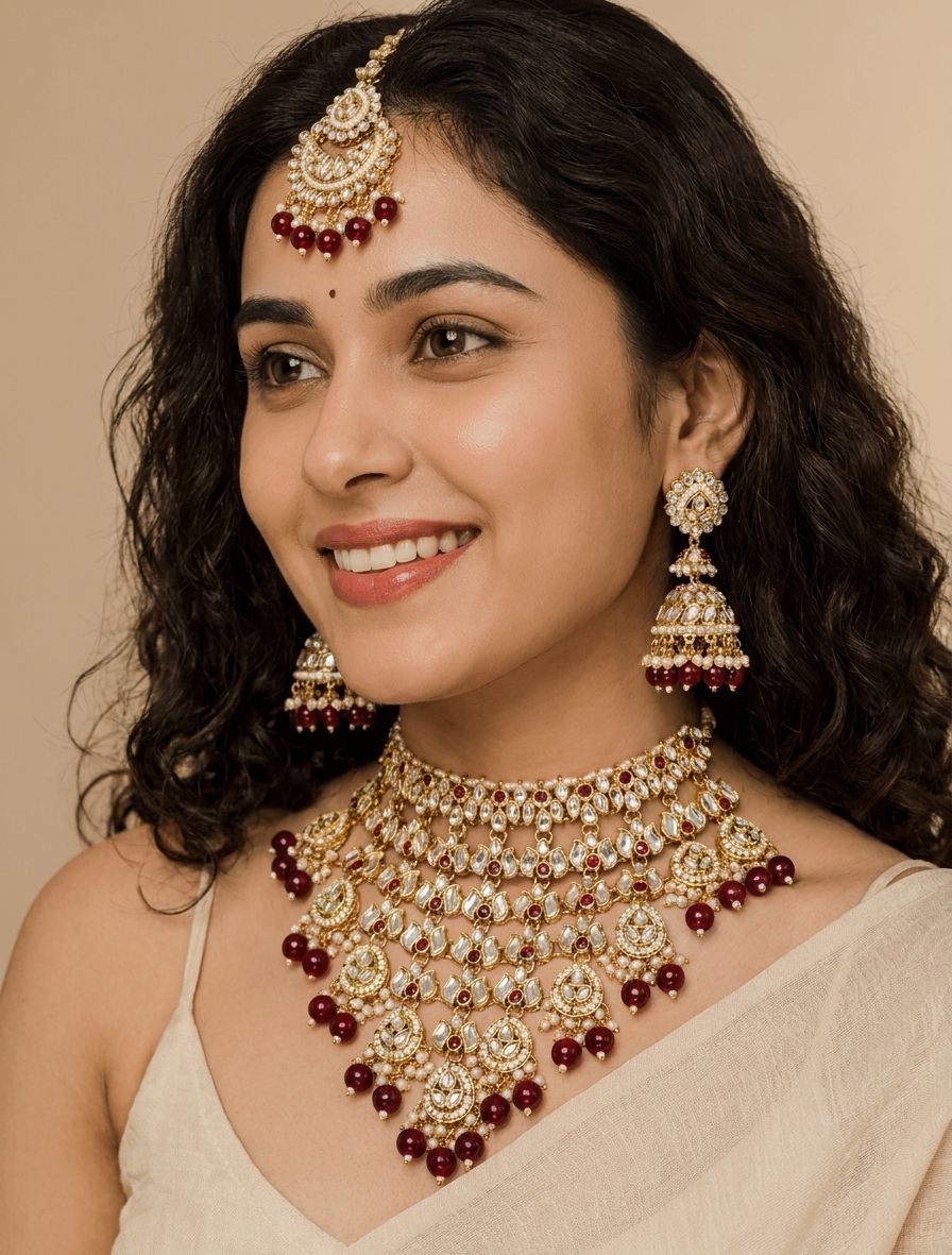 Gold-plated Maroon Pearls Party Wear Kundan Jewellery Set for Women