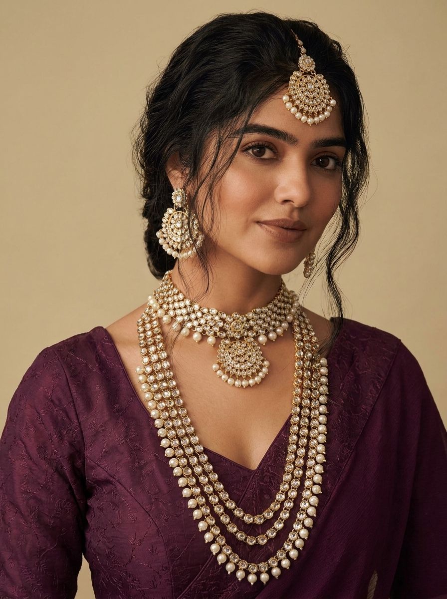 Golden Elegance: Traditional White Kundan Jewellery Set for Bridal Charm
