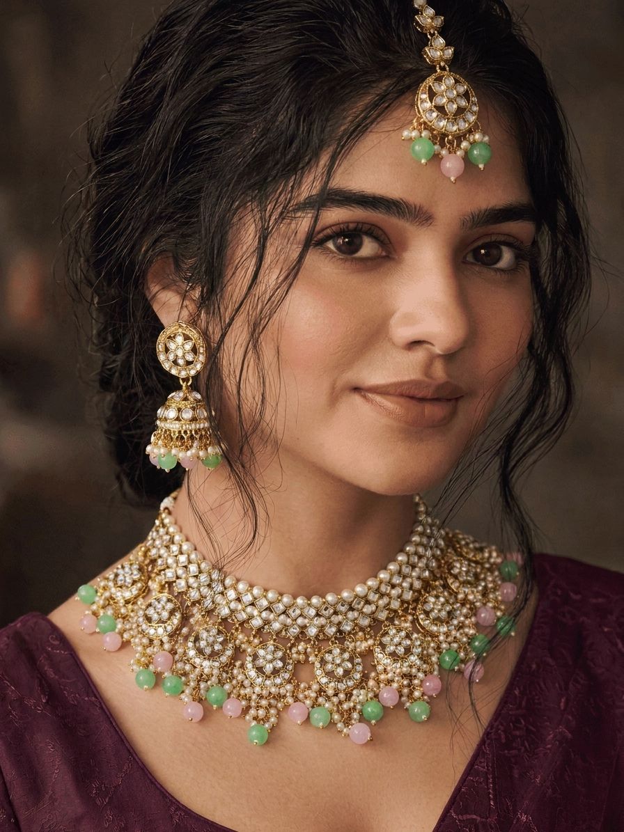 Pink-Mint Green Pastel Drops Kundan Choker Necklace Earrings Tikka Set for Women