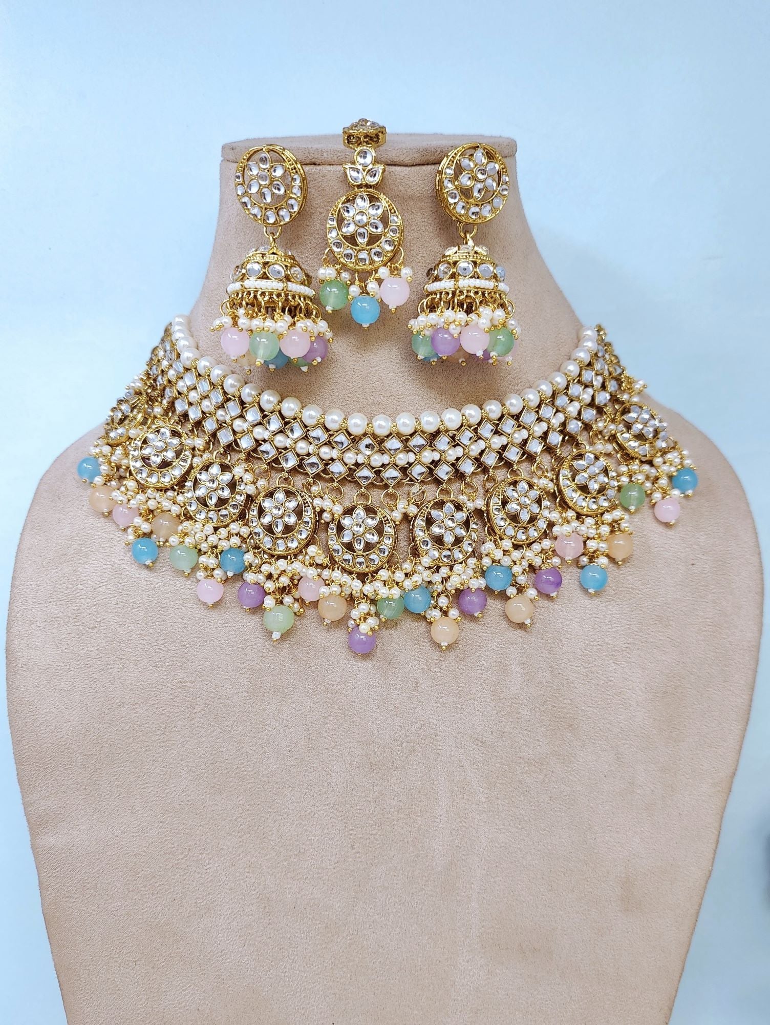 Gold Plated Kundan Jewellery Set in Multicolor, Perfect for