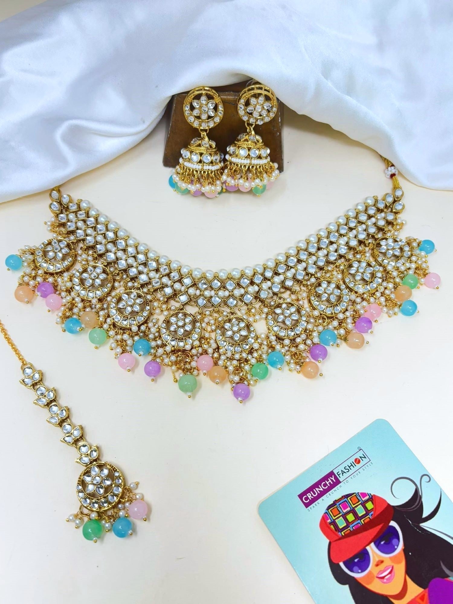 Indian Bridal Gold Plated Crystal & Pearl Jewelry Set - Necklace And Earrings