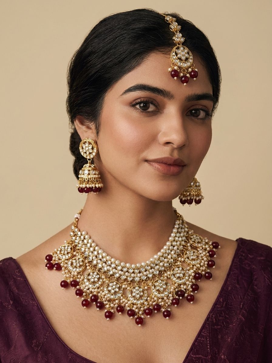 Gold Plated Maroon Drops Kundan Jewellery Set for Women & Girls