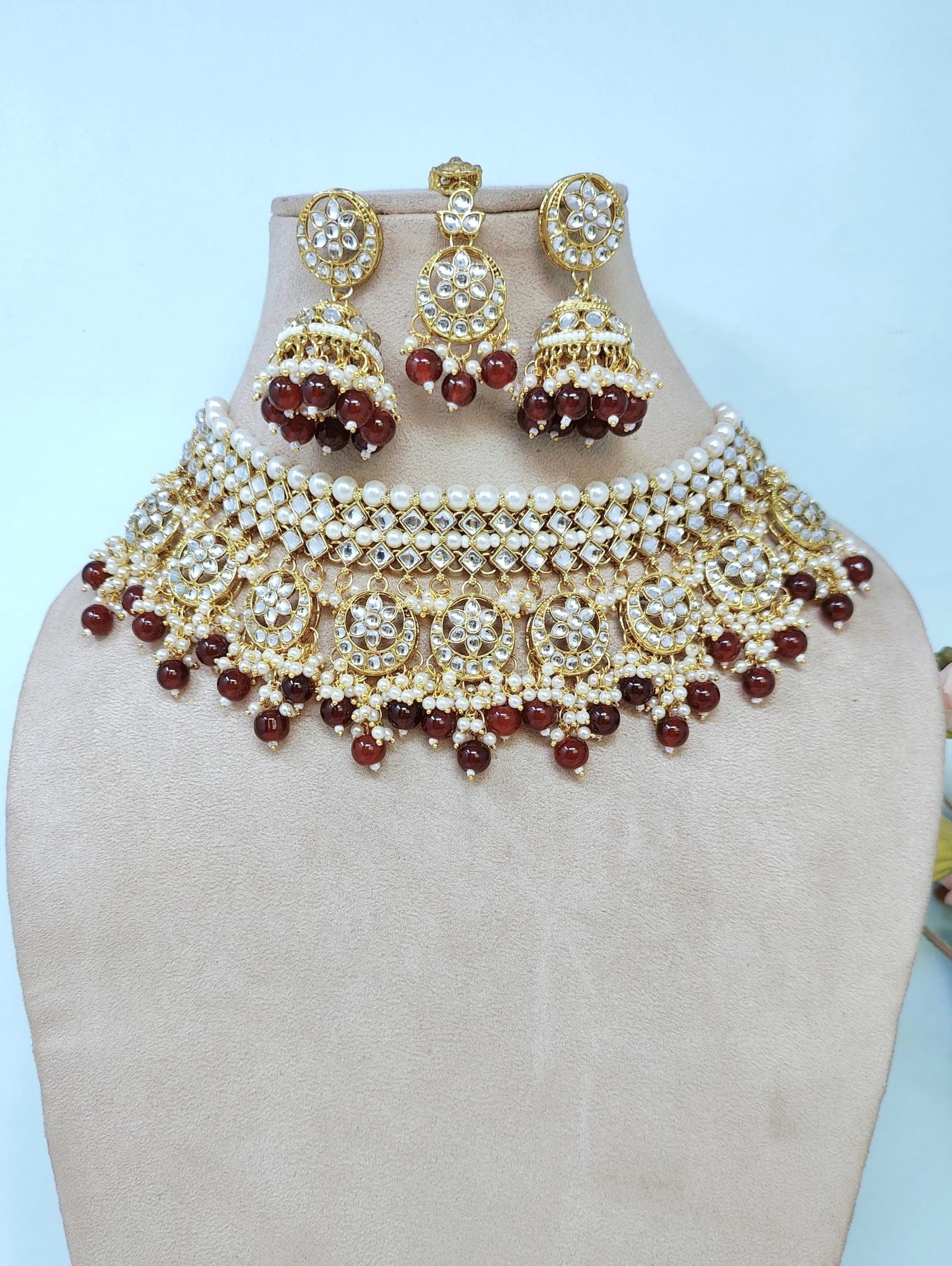 Maroon Pearl Kundan Jewellery Set for Women Girls Lehenga