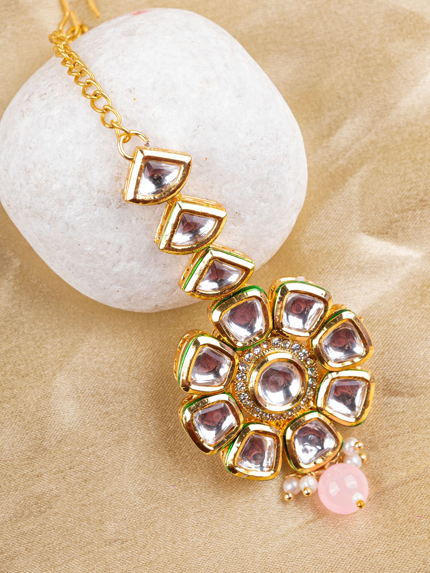 Pink Pearl Party Wear Kundan Maang Tikka for Women/Girls