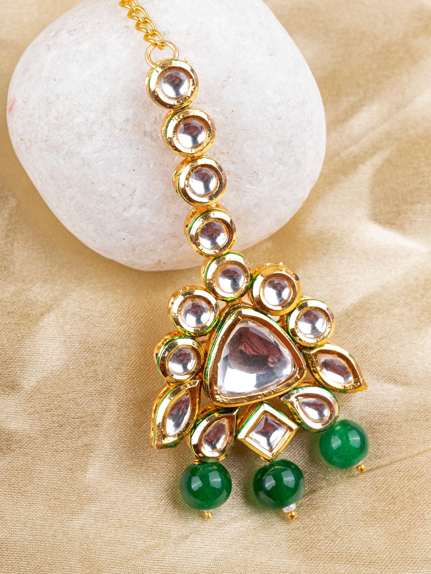 Green Pearl Ethnic Kundan Maang Tikka For Girls