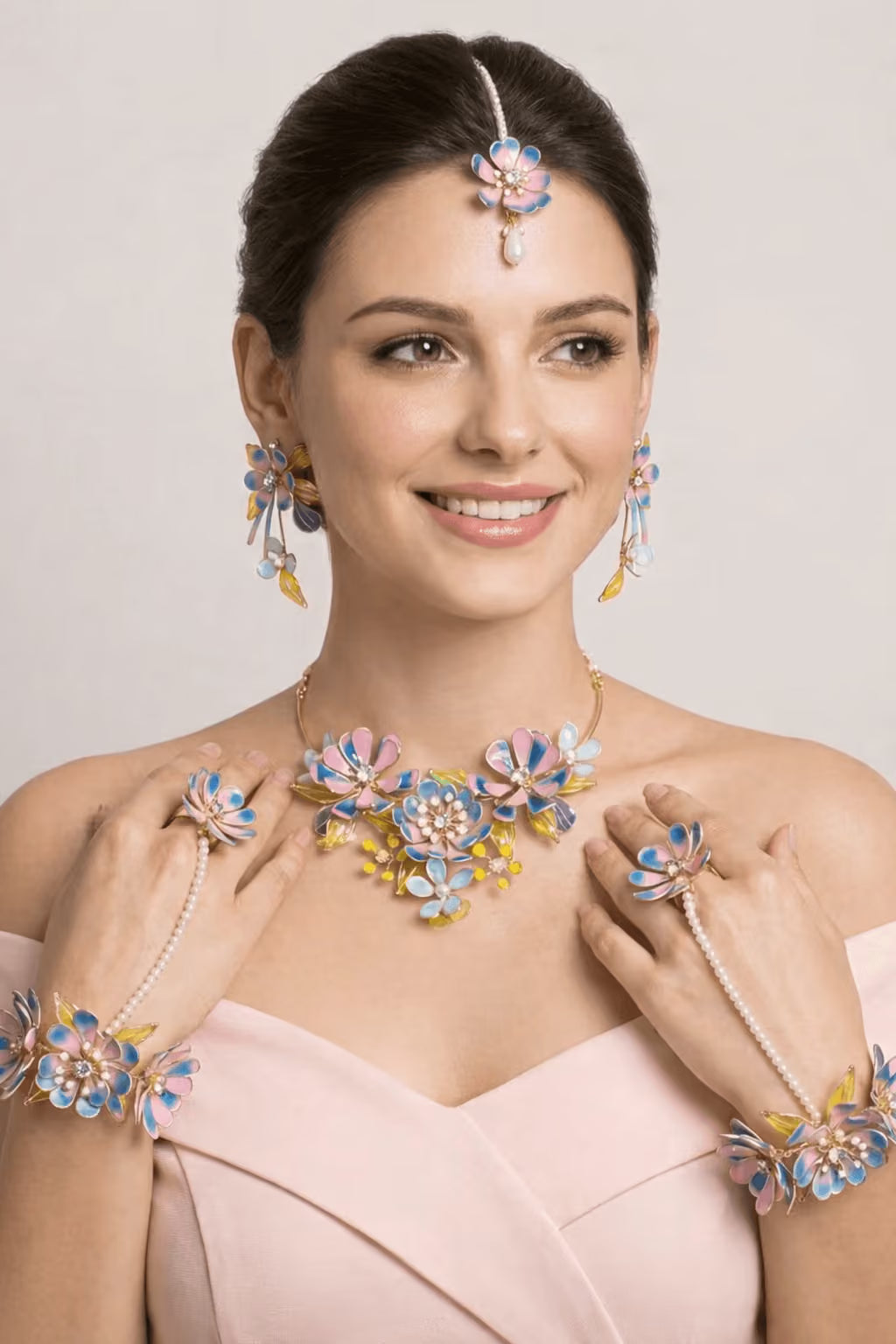 Hazel Resin Floral Jewellery Set in Pink- Sky Blue