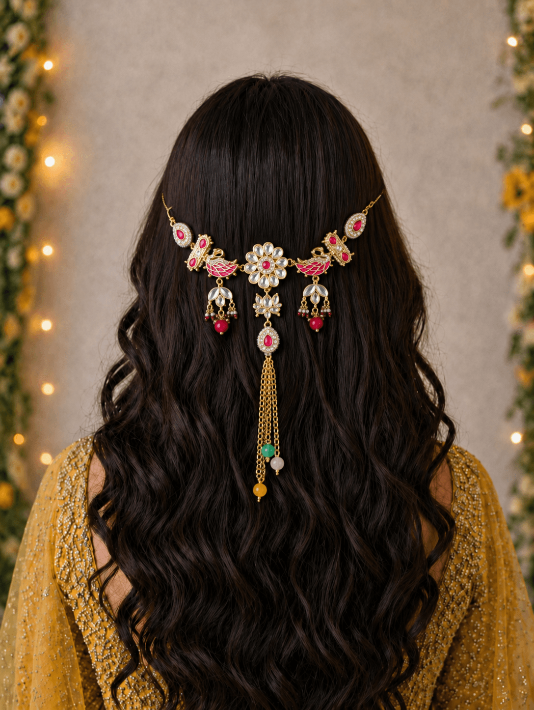 Pink Floral Kundan & Swan Hair Accessory